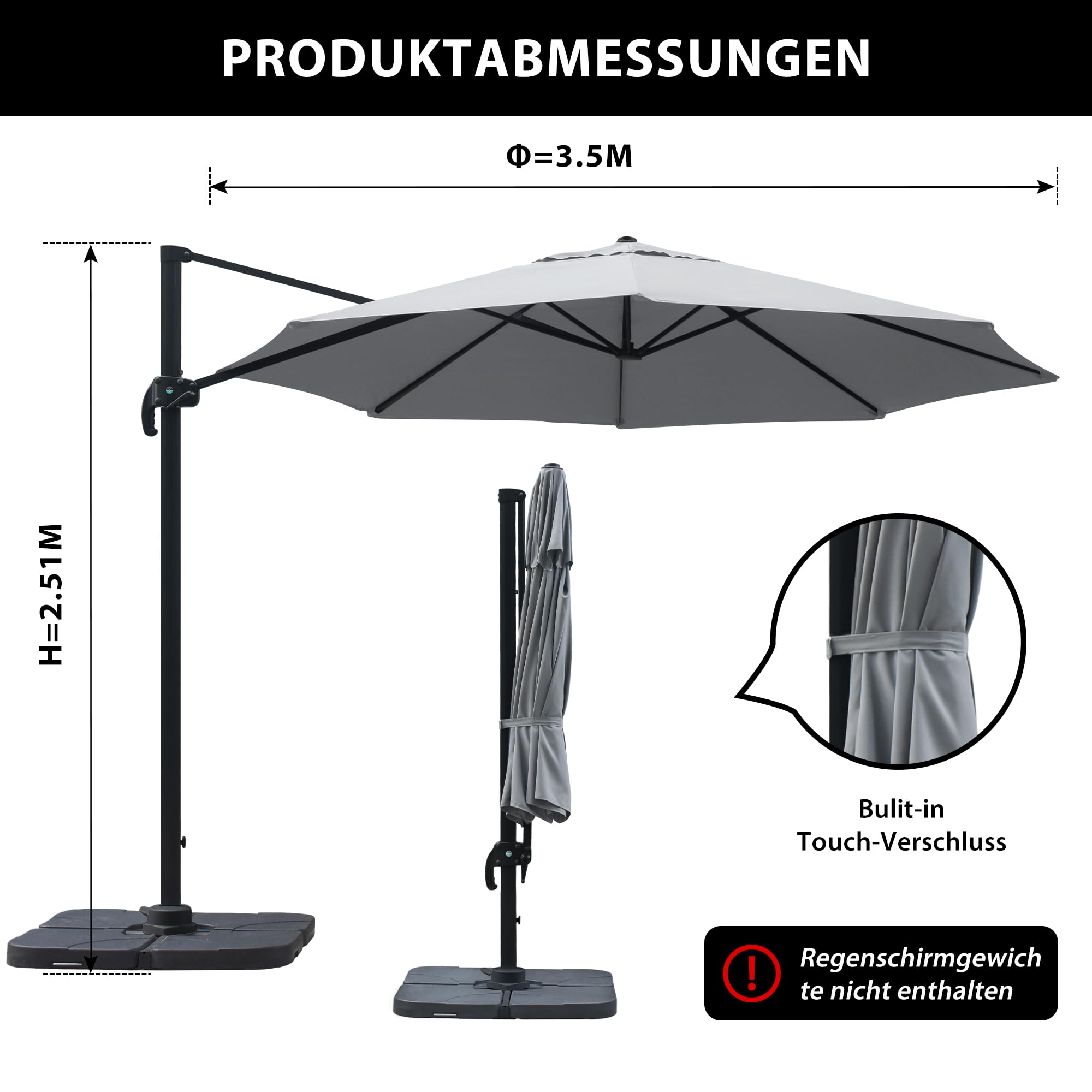 paramondo parapenda Sonnenschirm Ampelschirm aus 230 g/㎡ Polyesterfaser, Rund, Ø 3,5 m, 360° Schwenkbar, Kurbelbedienung, Grau, Stahl-Standkreuz und Gestell in Anthrazit, 20.6kg