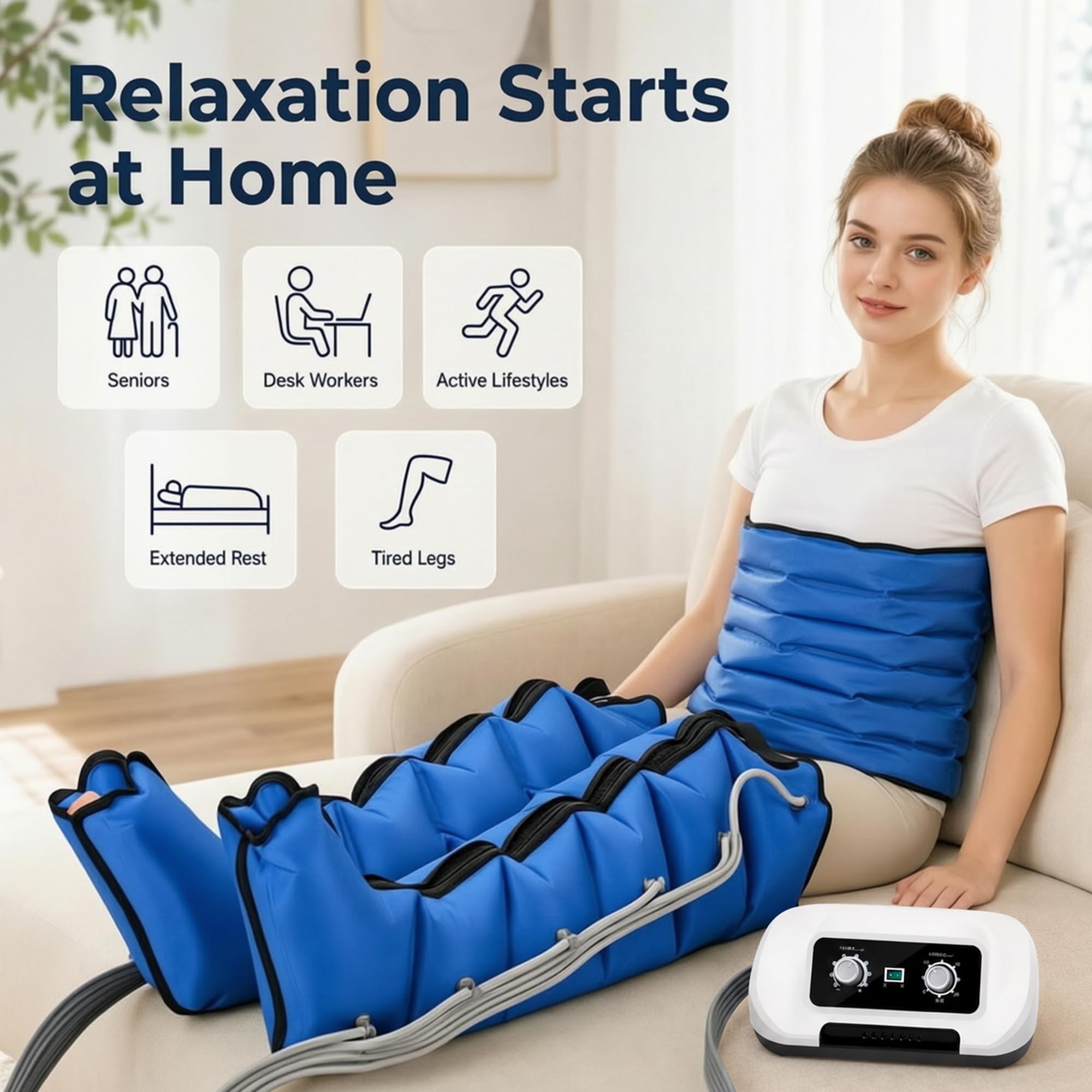 Botas de Presoterapia Piernas para Casa 6 Cámaras, Azul M | Botas de Presoterapia, Drenaje Linfático, Circulación, 0-30 Min, 30-240 mmHg Ajustables, 2 Piernas + Abdomen