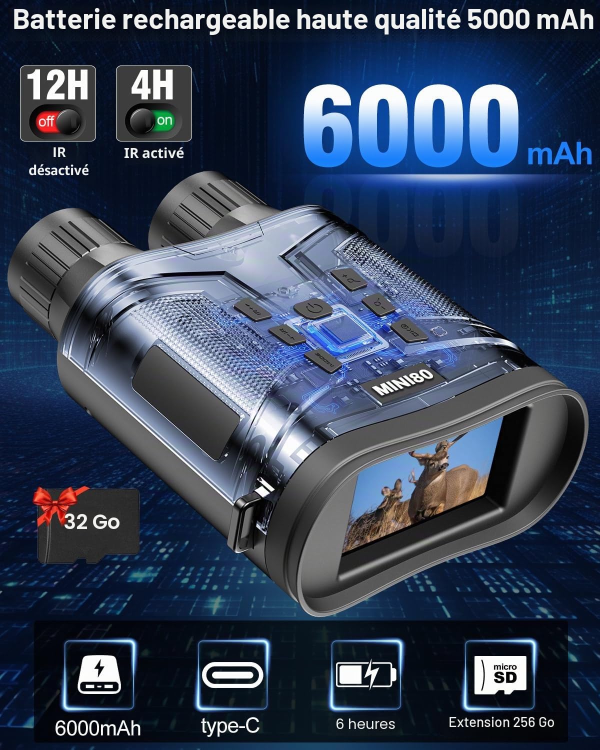 4K Jumelles & Lunette Vision Nocturne,1080P 6000mAh Rechargeable Infrarouge Vision Nocturne avec 3" HD ÉCRAN Zoom Numérique 6X, pour la Chasse, l'observation des Animaux, Le Camping