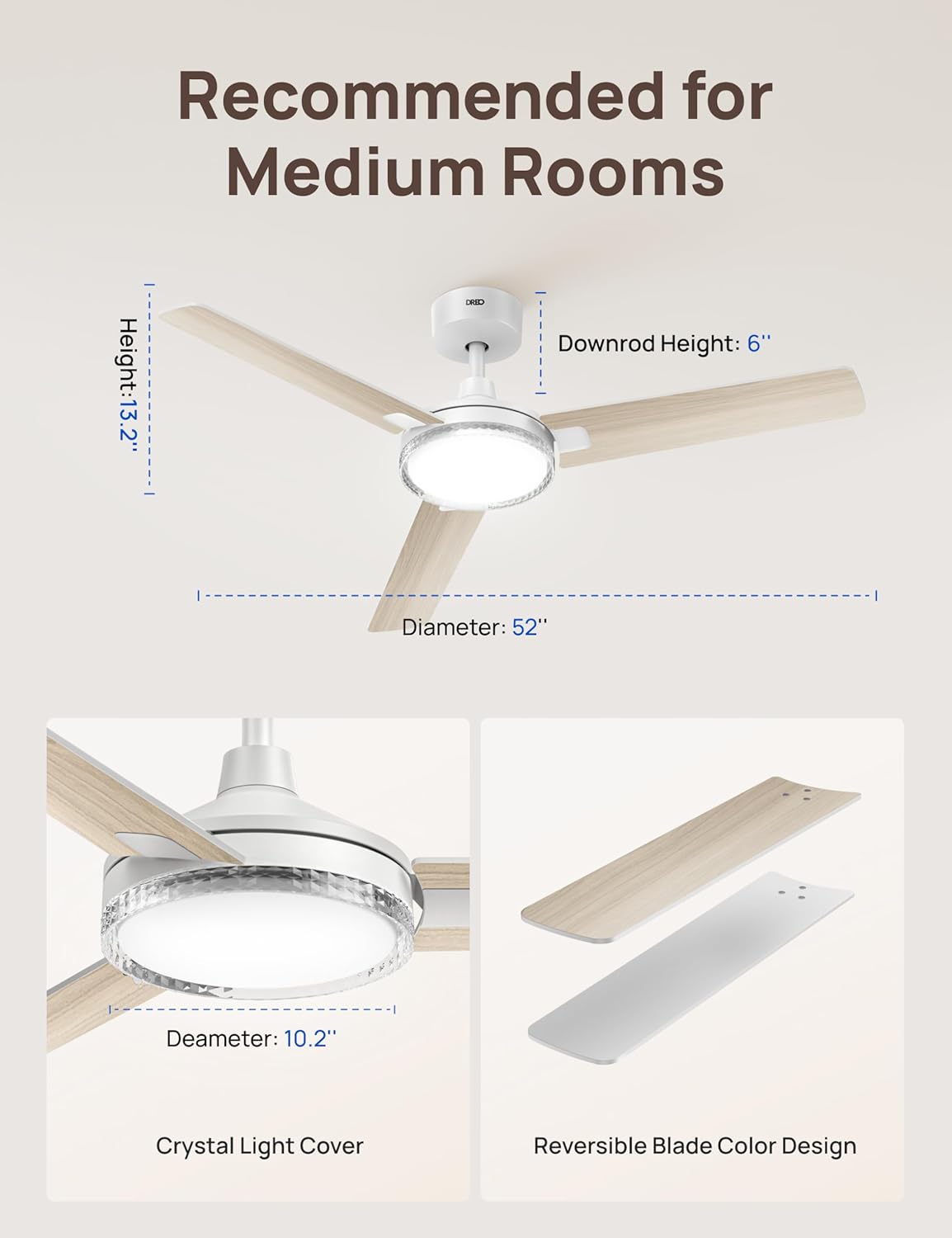 Dreo Ceiling Fans with Lights and Remote, 52'' White Ceiling Fan, 5CCT, 6-Level Dimmable, 6 Speeds, Quick-install, Quiet Reversible DC Motor, 1-4-8H Timer, Bedroom Ceiling Fan