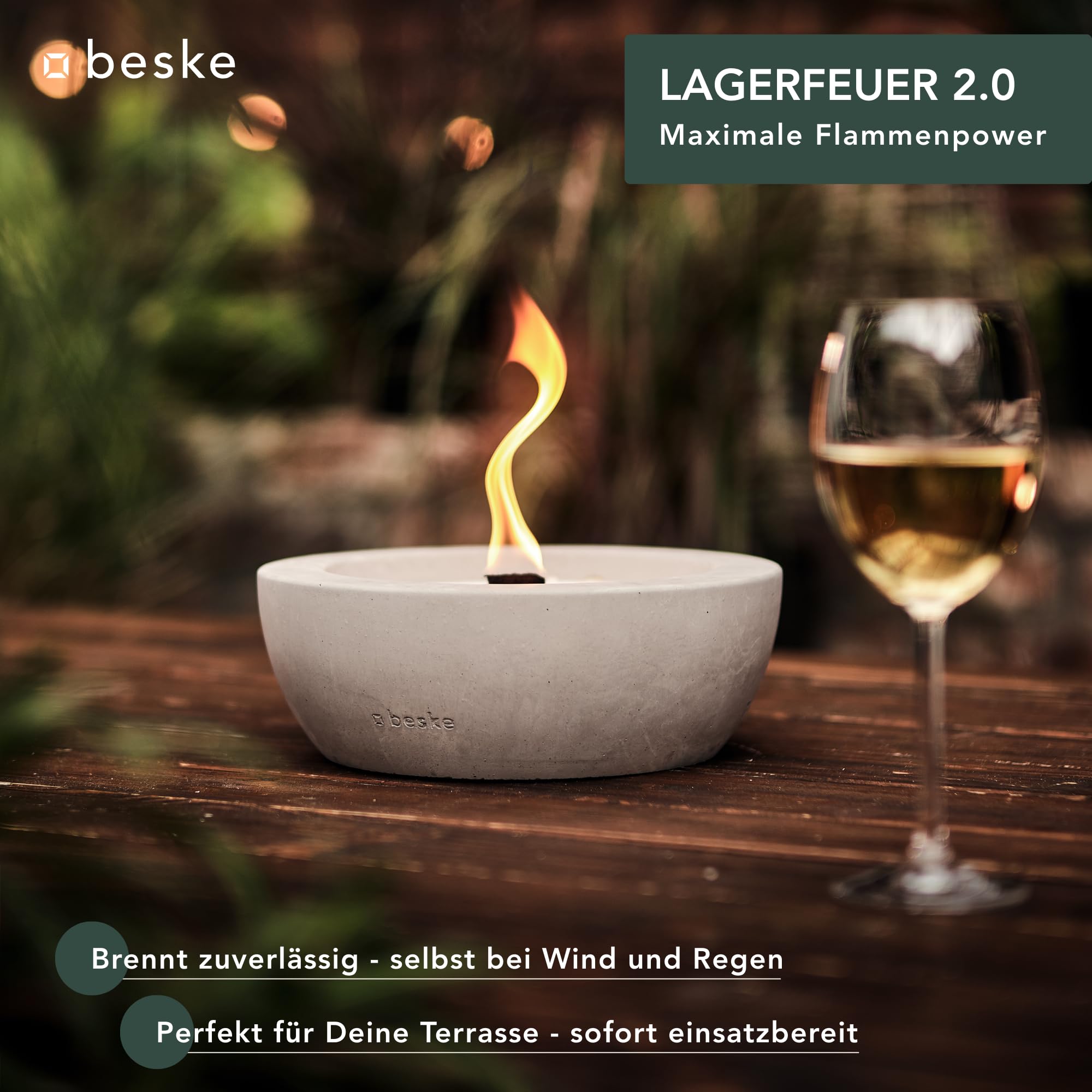 Das Original der Beske-Manufaktur | Modell 'SAVO' | Ø25cm mit Dauerdocht | Wiederbefüllbare Fackel | Unendliche Brenndauer | Recycling von Kerzenwachs | Tischfeuer Fackel