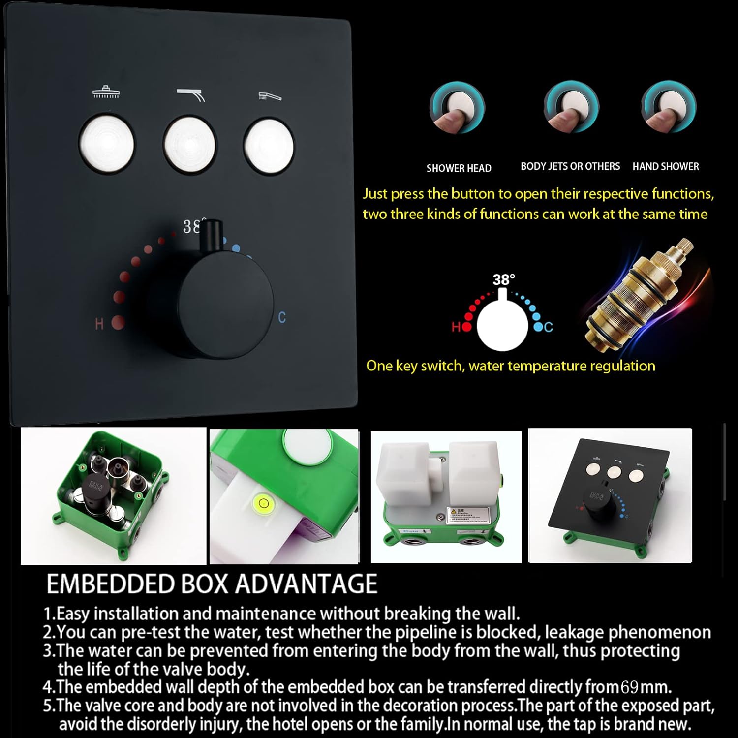 Shower Jets System With Waterfall Rain Shower Head and Handheld (Can Use All Options at A Time), cUPC Certificatin Thermostatic Shower Faucet Fixture Set (Matte Black)