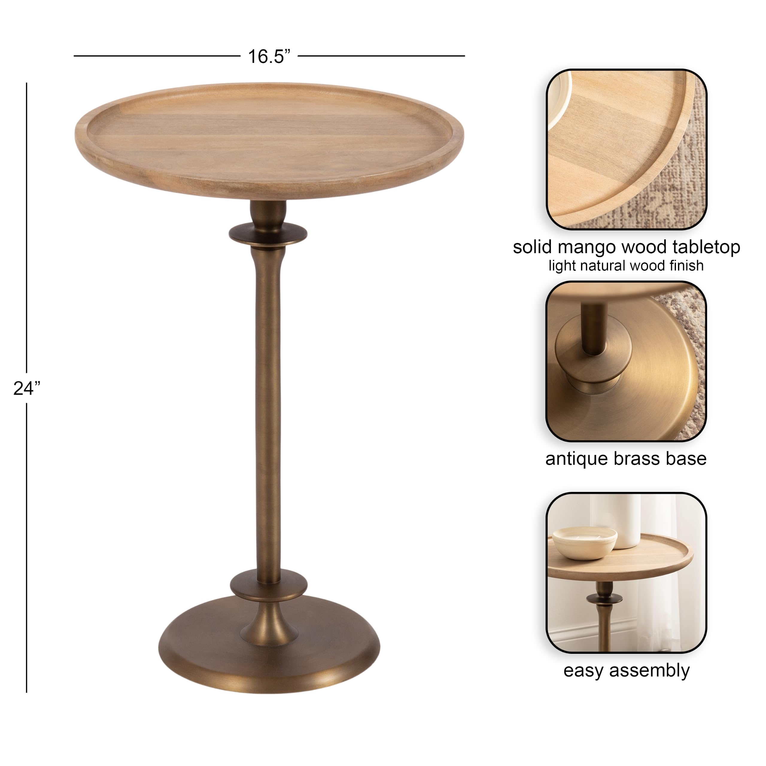 Kate and Laurel Arora Modern Wood and Metal Round Side Table, 17 x 17 x 24, Light Natural and Antique Brass, Transitional Sculptural Living Room End Table for Indoor Plant Stand or Bedroom Nightstand