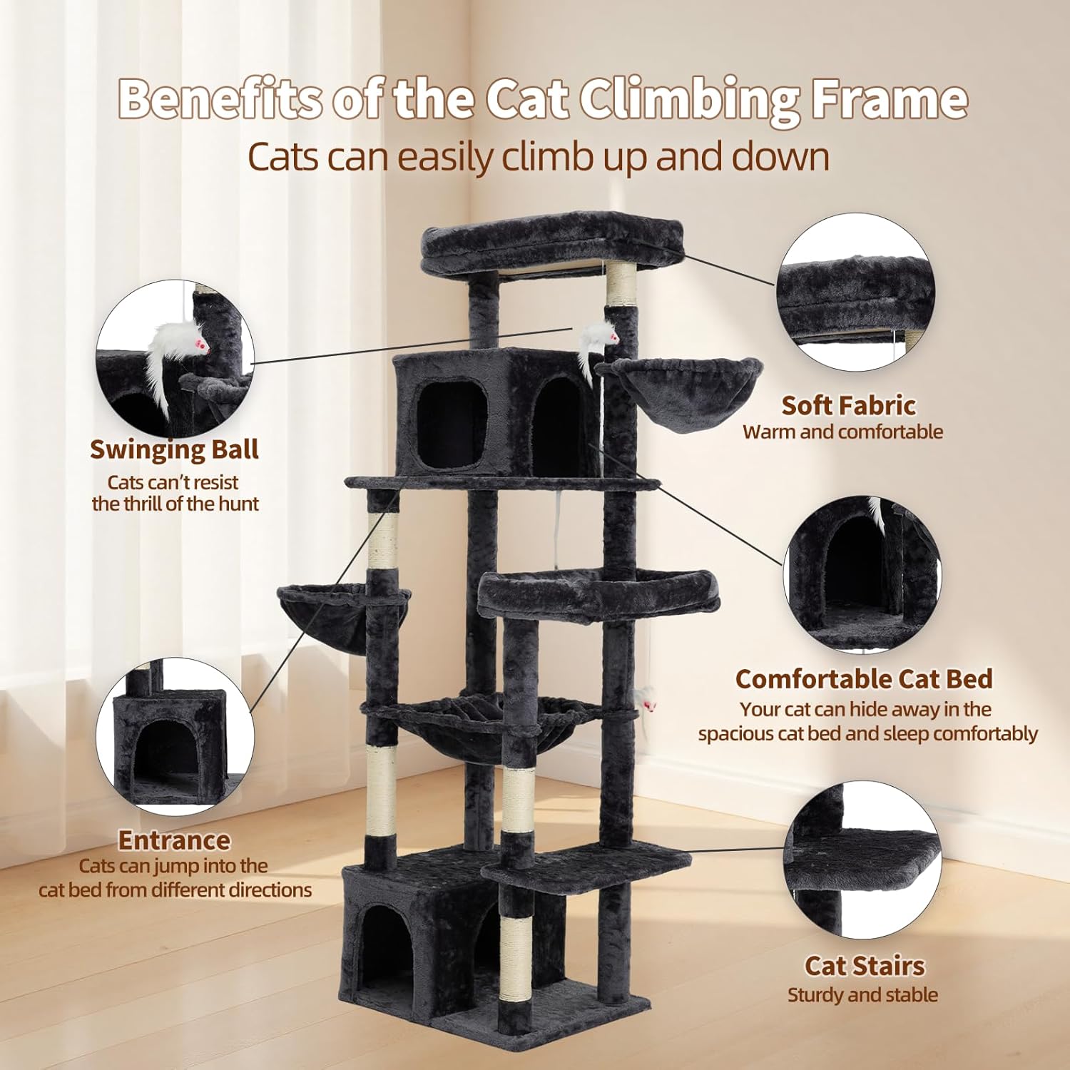 69.7-inch (177cm) Multi-Level Cat Tree with 2 Perches, 2 Condos, 2 Hammocks, Basket & Toy for Indoor Cat Activities (Grey)