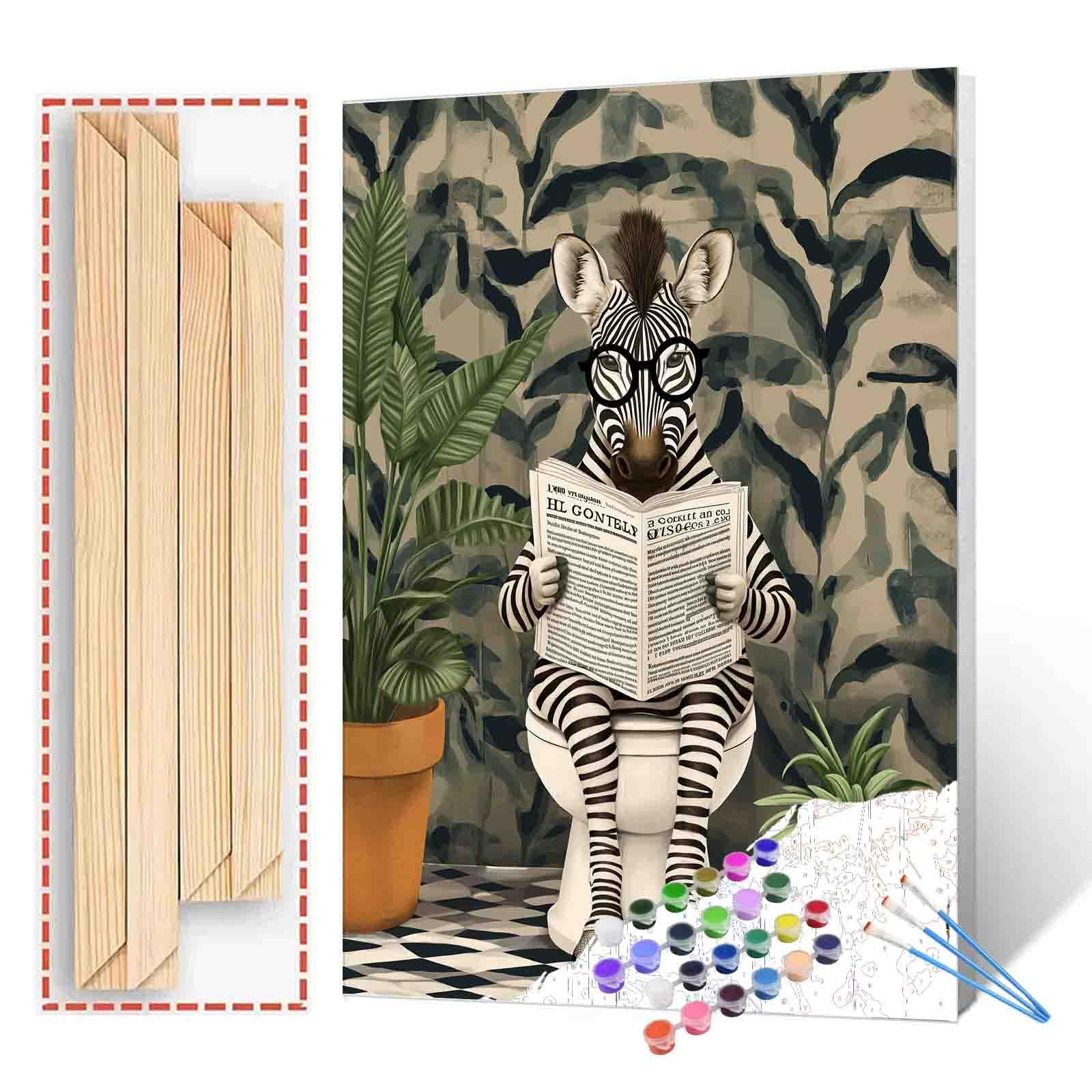Tucocoo Simple Joyful Zebra Paint by Numbers Kits with Brushes and Acrylic Pigment on Canvas Painting for Adults, Animals Reading Newspapers Picture for Home Wall Decor Gifts 16''x20'' (DIY Framed)