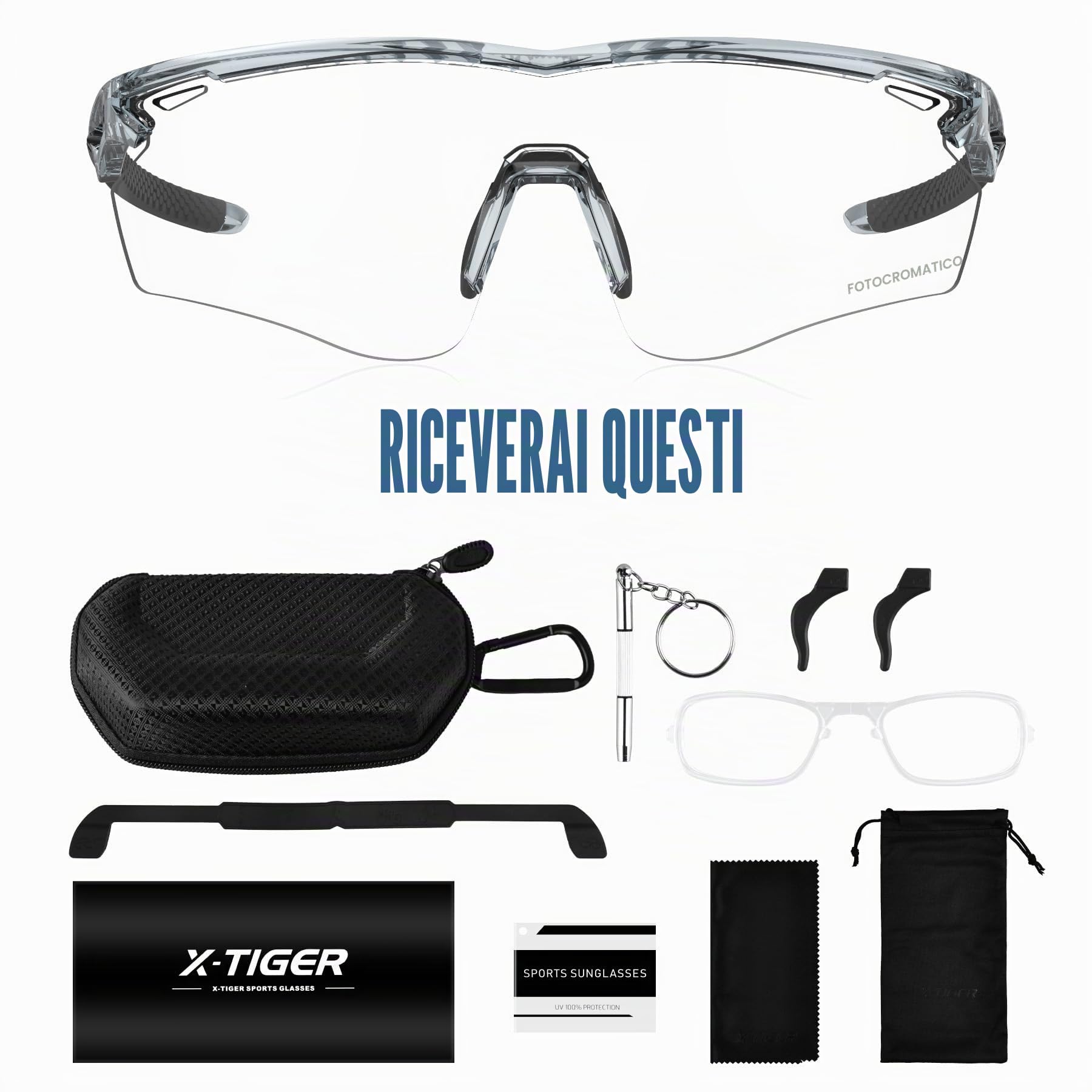 X-TIGER Occhiali Ciclismo Fotocromatici TR90 occhiali da Sole Sportivi Uomo Donna Con Lenti UV400 Trasparenti, adatti a MTB e Bici