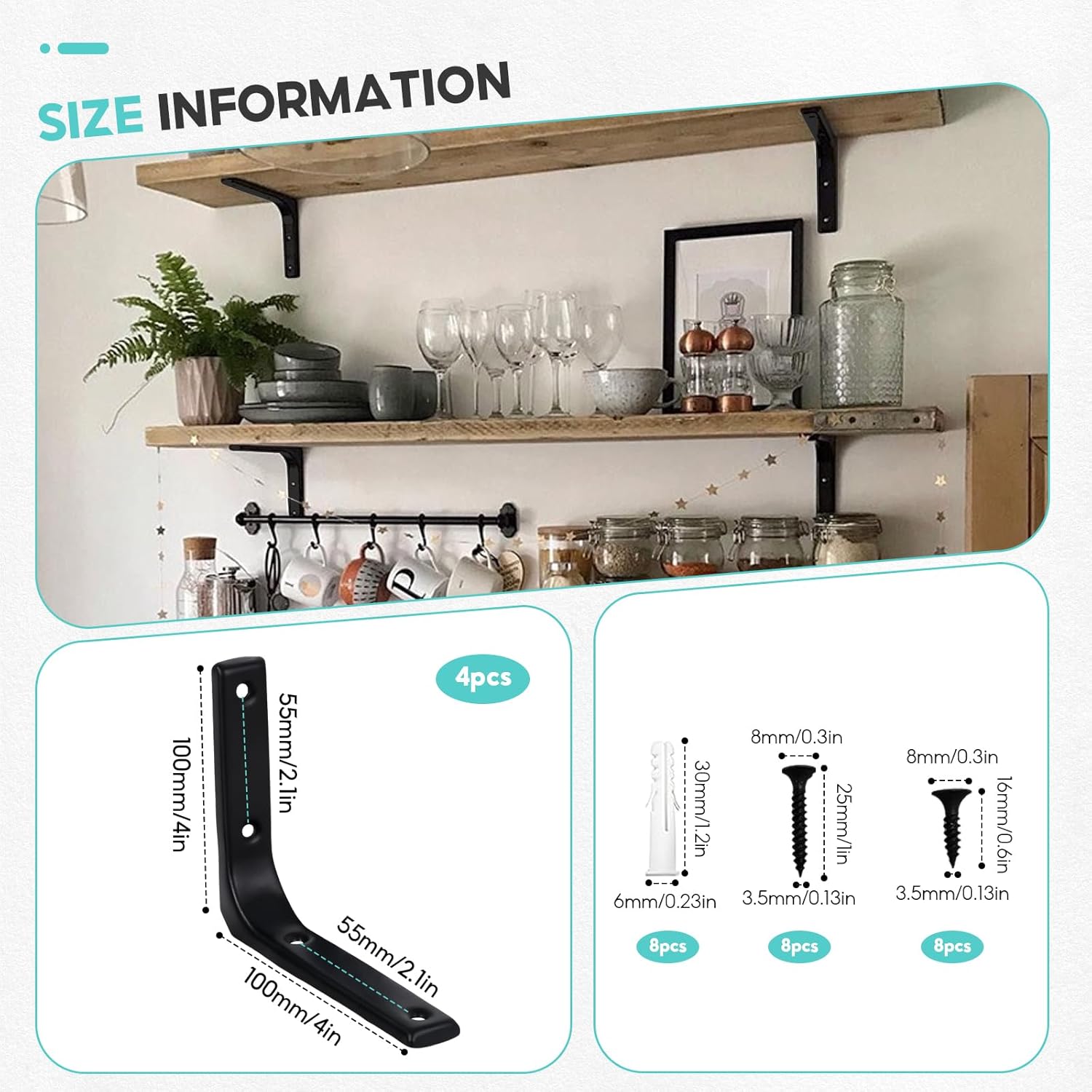 4 Pcs Metal L Wall Shelf Brackets for Wood 4 x 4 Inch Heavy Duty L Hanging 90 Degree Angle Bracket Bookshelf Brackets Wall Mount Black L Corner Brackets for Wood, Shelves, Cabinets