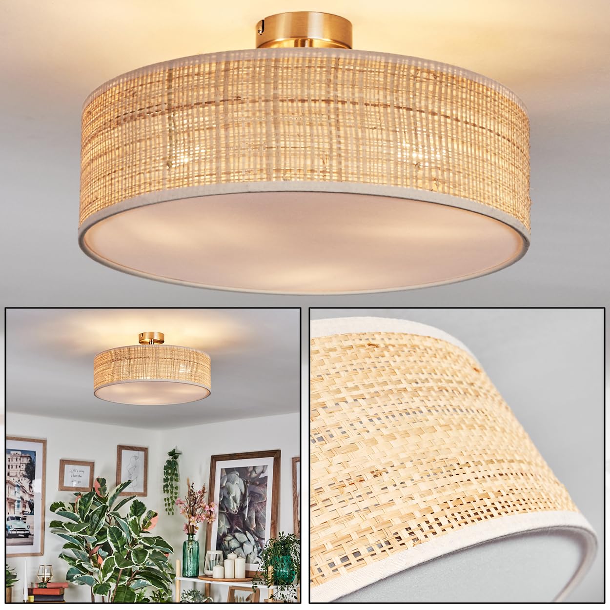 Lámpara de techo HOFSTEIN Foggia, metal/ratán/tela/plástico en níquel mate/colores naturales/blanco, lámpara redonda Boho (Ø 40 cm), E27, comedor, salón, dormitorio, cocina, pasillo