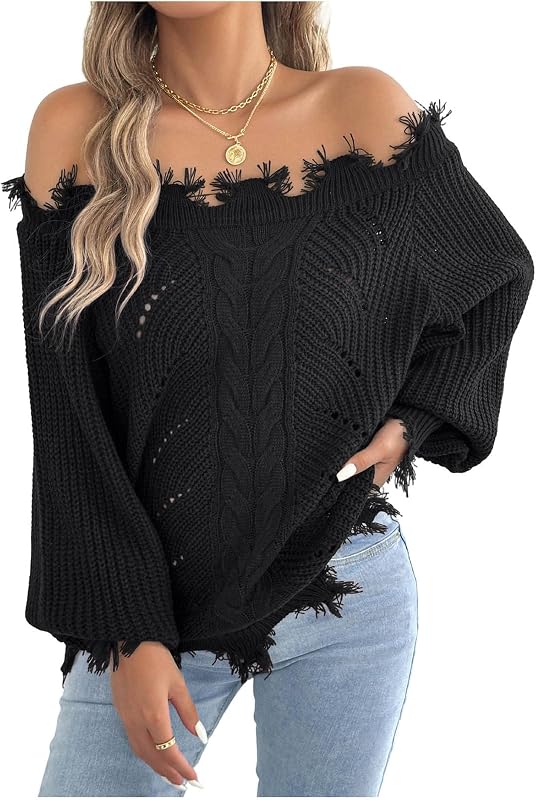 Off The Shoulder Sweaters for Women Frayed Pullover Tops