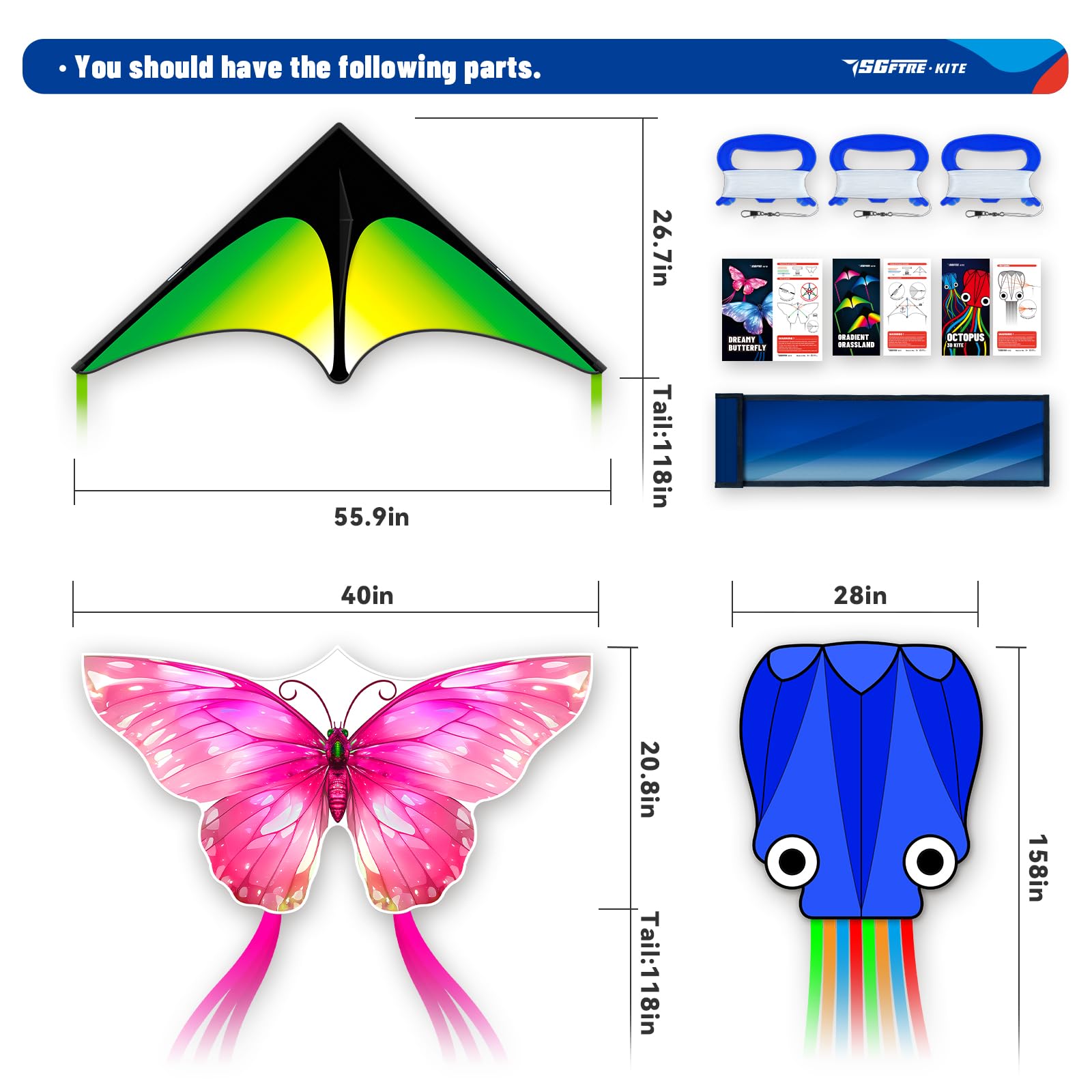 SGftre Lot de 3 cerfs-volants papillon Delta Octopus pour enfants et adultes, facile à voler pour adultes et enfants