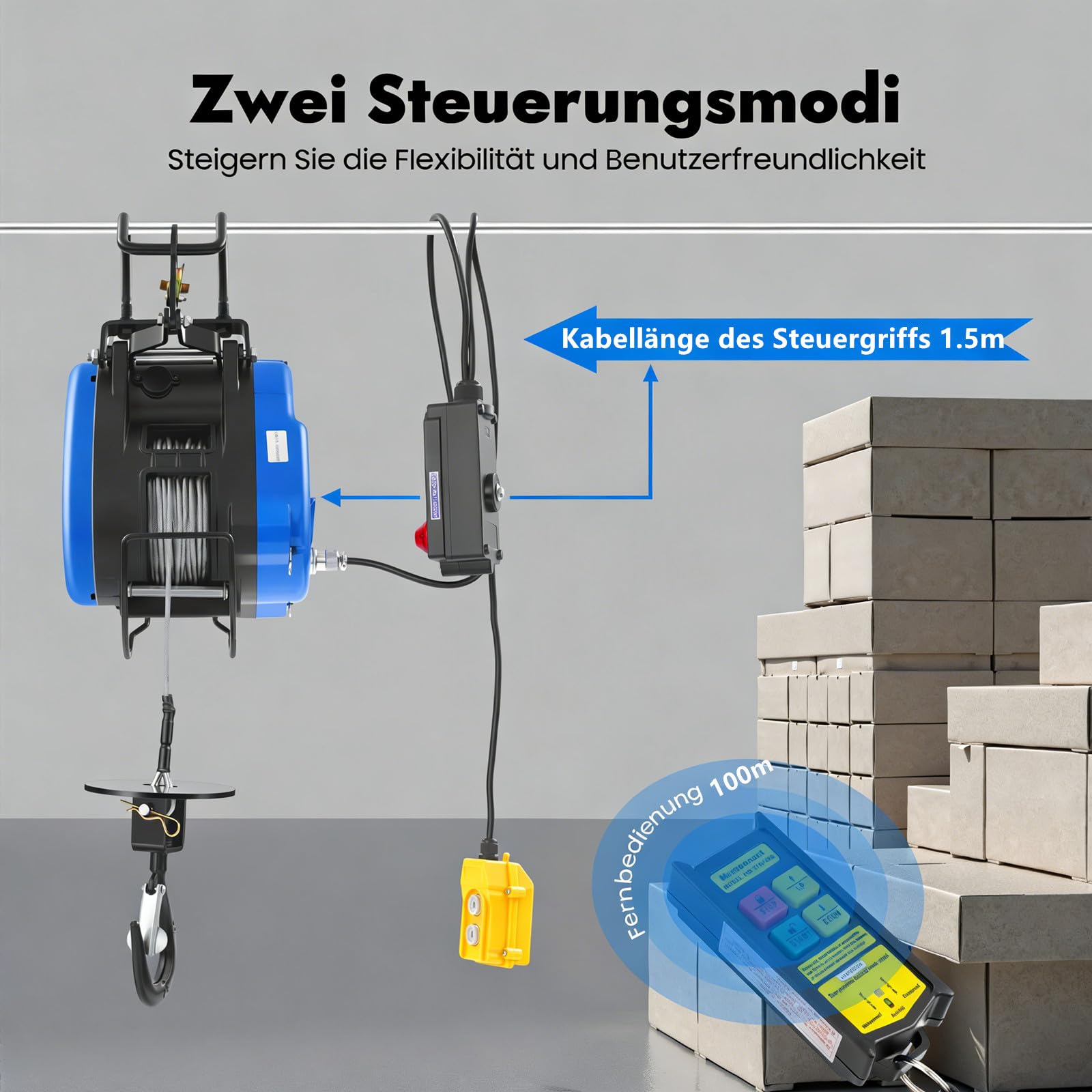 Mobile Seilwinde Elektrisch 230V 250kg Tragkraft 29m-Hubhöhe 19m/min Elektro Seilhubzug mit Funkfernbedienung (100m) 30m-Stahldrahtseil Hängetaster Sicherheits-Lasthaken Begrenzer 1.5m-Kabellänge