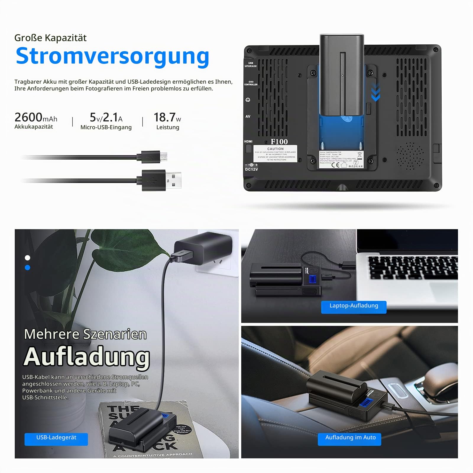 NEEWER Feldmonitor 7-Zoll 1280x800 IPS Bildschirm Set: Unterstützt Eingang mit 2600mAh Lithium-Ionen-Akku, USB-Ladegerät für DSLR-Kamera/Camcorder