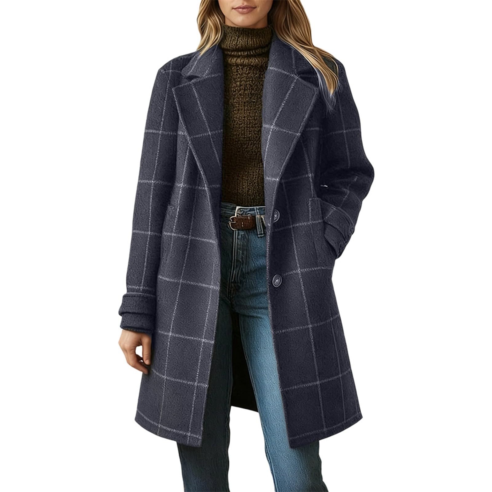 Generisch Manteau d'hiver pour femme - Veste à carreaux - Élégant - Trench à revers - Une rangée - Veste blazer longue chaude avec poches - Manteau d'hiver pour le travail, les loisirs, les vêtements