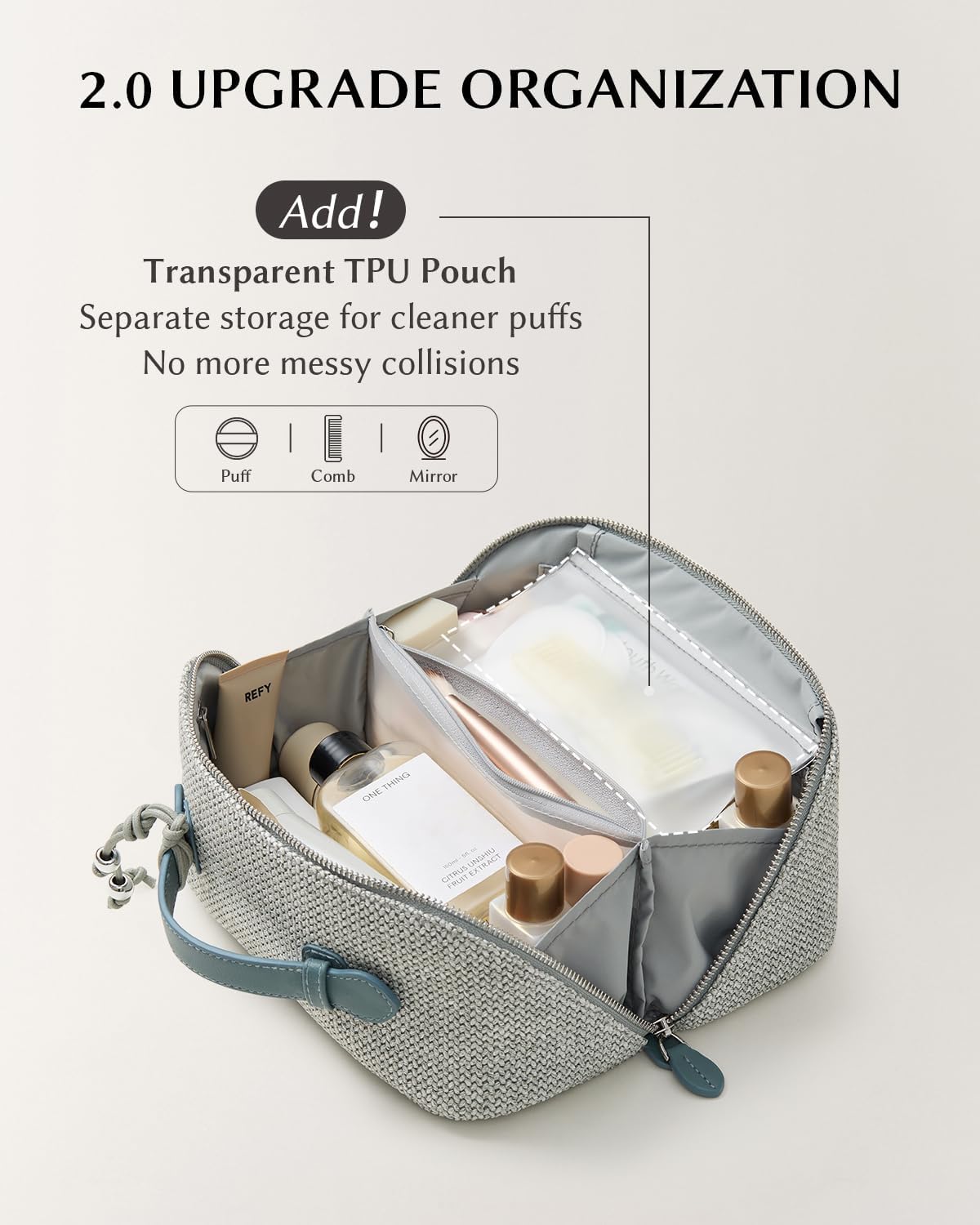 EACHY Makeup Bag, Woven Travel Toiletry Bag, Portable 180° Wide-Open Flat Cosmetic Bags for Women, Large Capacity Makeup Pouch with Divider and Handle