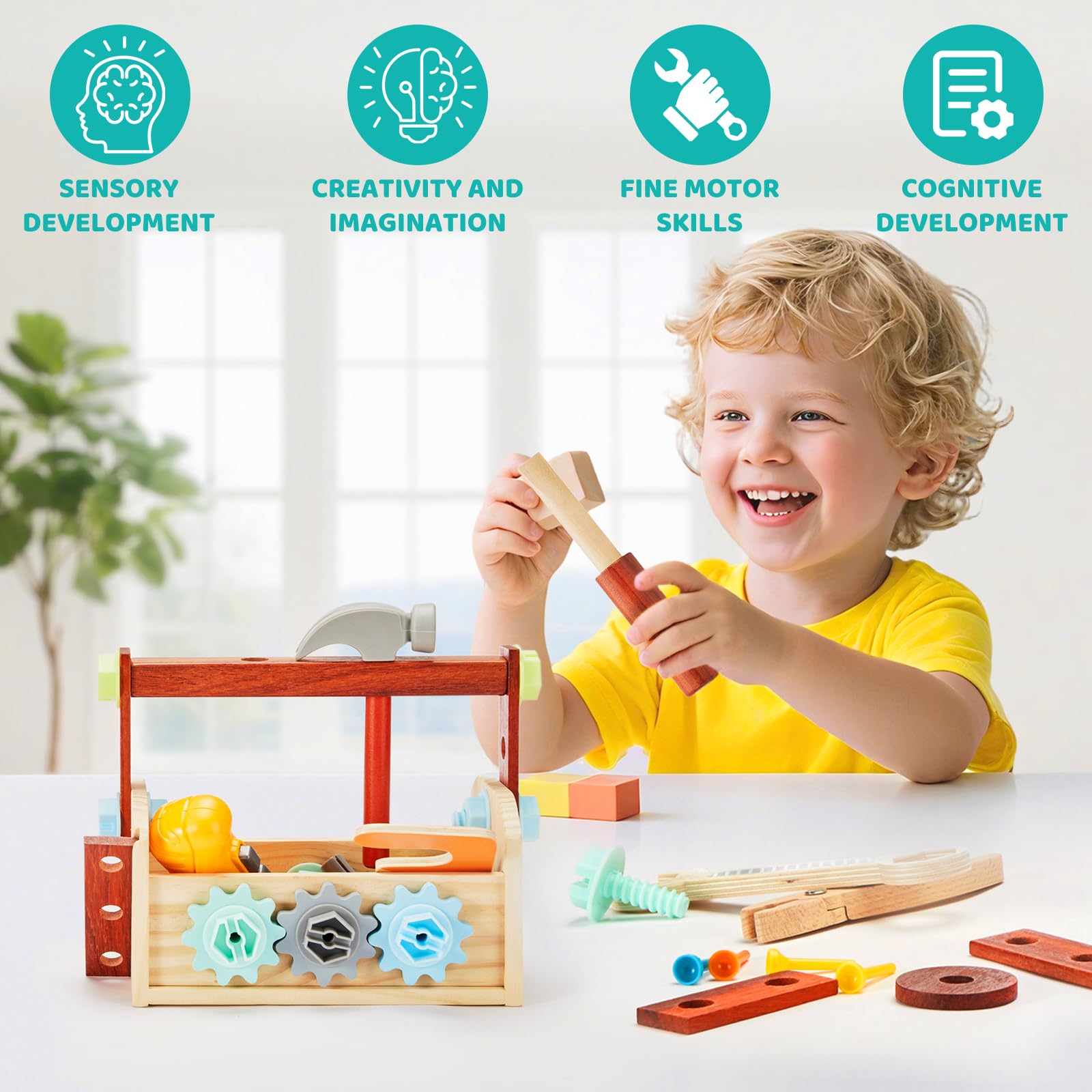 Juego de herramientas para niños – 54 piezas de herramientas de madera para niños pequeños con caja de madera, juguete educativo de construcción para niños de 2, 3, 4, 5, 6 años, taladro de juguete 6