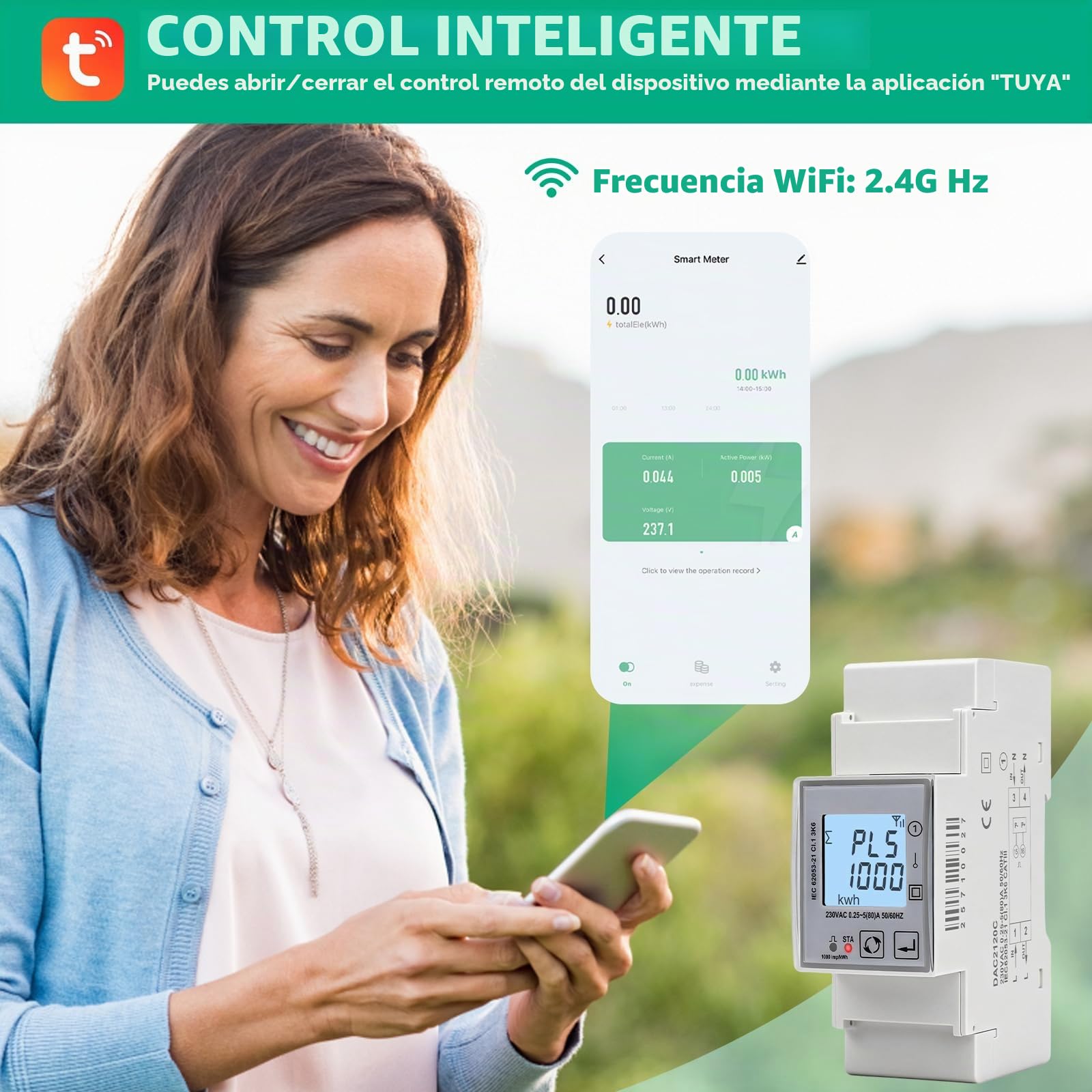 Medidor de consumo electrico 80A contador electrico WIFI tuya smart AC230V Contador de Energía monofásico pantalla LCD digital 1000 imp/kWh Protección contra sobretensión y sobrecorriente DAC2120C
