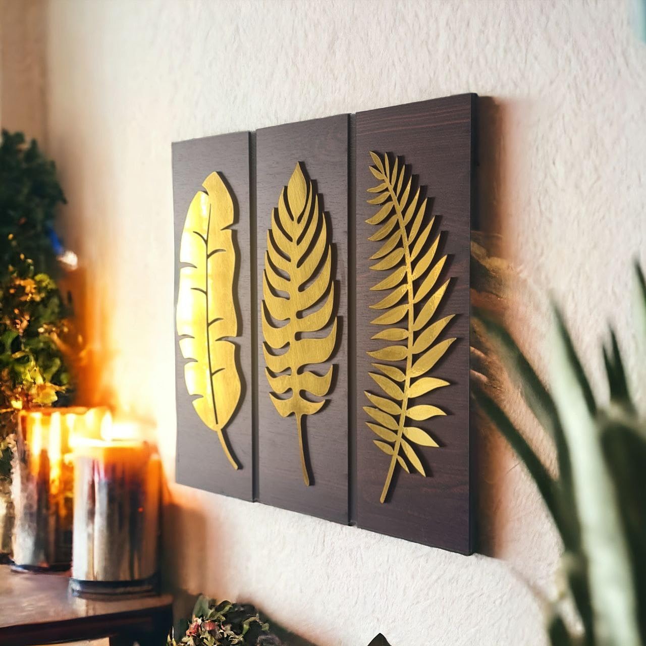 HUMIKART Wooden and Gold Themed Leaf (18 * 18 inches) - Set of 3 Frames - MDF Wood Wall Art Bundle 18 * 18 inches (B0DB58L3HJ) Amazon Price History, Amazon Price Tracker