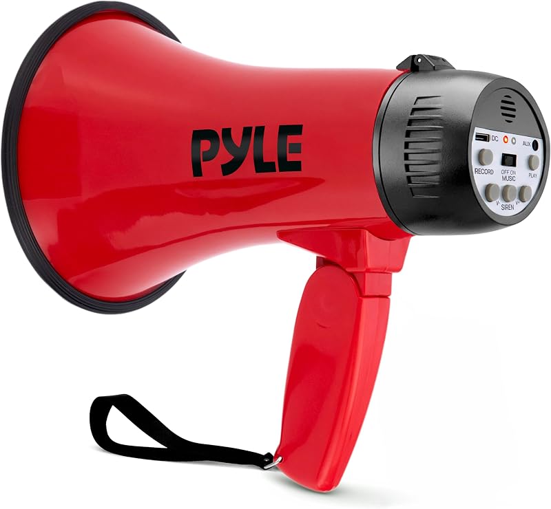 Pyle Rechargeable Bullhorn Megaphone with Voice Recording, AUX Input & Siren, USB-C Fast Charging, 1200-Yard Voice Range for Sports Coaching, Events & Crowd Control