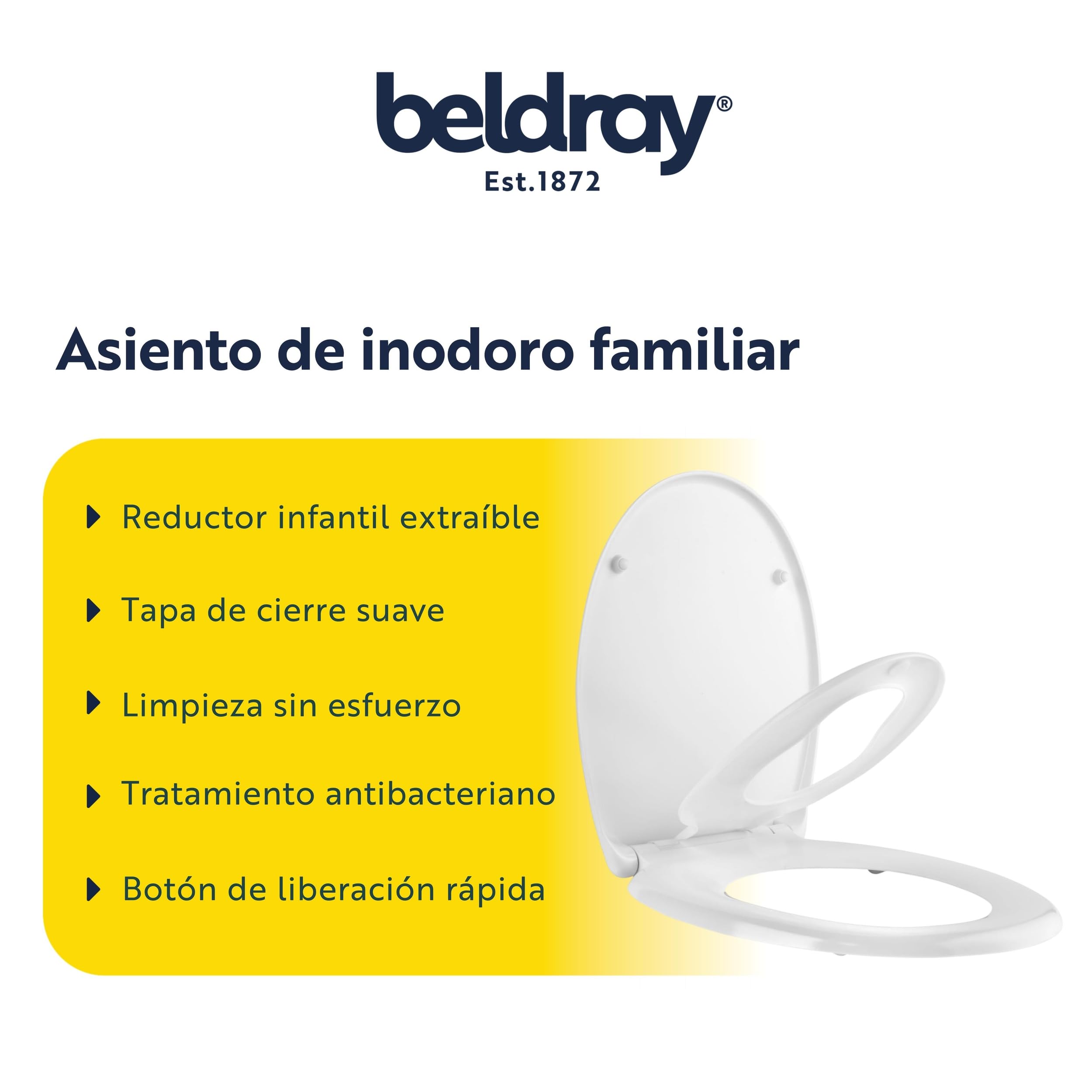 Asiento de Inodoro Familiar Antibacteriano Beldray - Asiento de Inodoro Desmontable para Niños, Tapa Grande con Cierre Suave, Fácil Limpieza, 44.5 x 37cm, Tratamiento Antibacteriano, Blanco