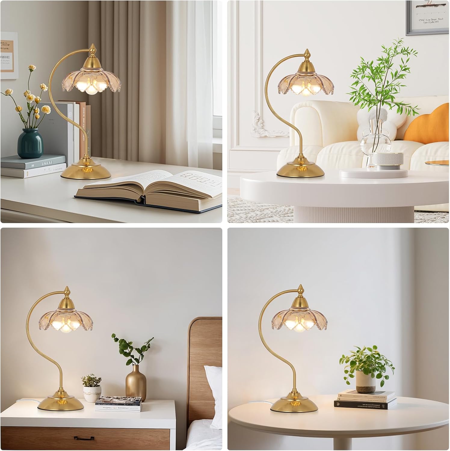 Table Lamps for Living Room, Flower Desk Lamp, Glass Beside Lamp for Nightstand, Gooseneck Small Table Lamp, Mid Century Modern Desk Light, Table Light for Bedroom Home Office Reading (Amber)