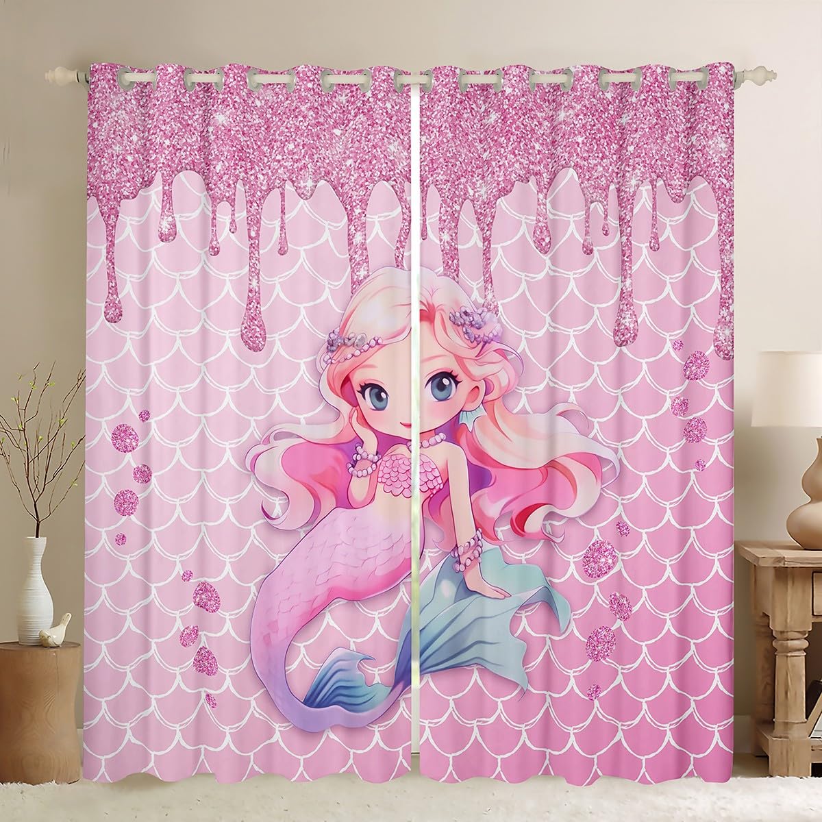 Manfei Mermaid Girls Blackout Curtain Pink Glitter Diamond Window Drapes for Kid Princess Room Decor Pink Mermaid Fish Scale Window Treatments