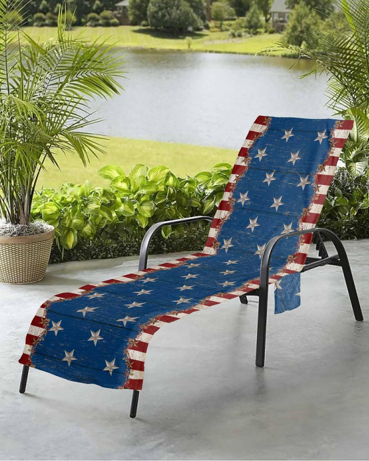 Star Stripes Flag Beach Chair Towel Covers for Chaise Lounge with Side Pocket, Soft Plush Pool Towels Cover for Patio Sunbathing Outdoor Rustic Shabby Chic Wood Grain 29''x85''