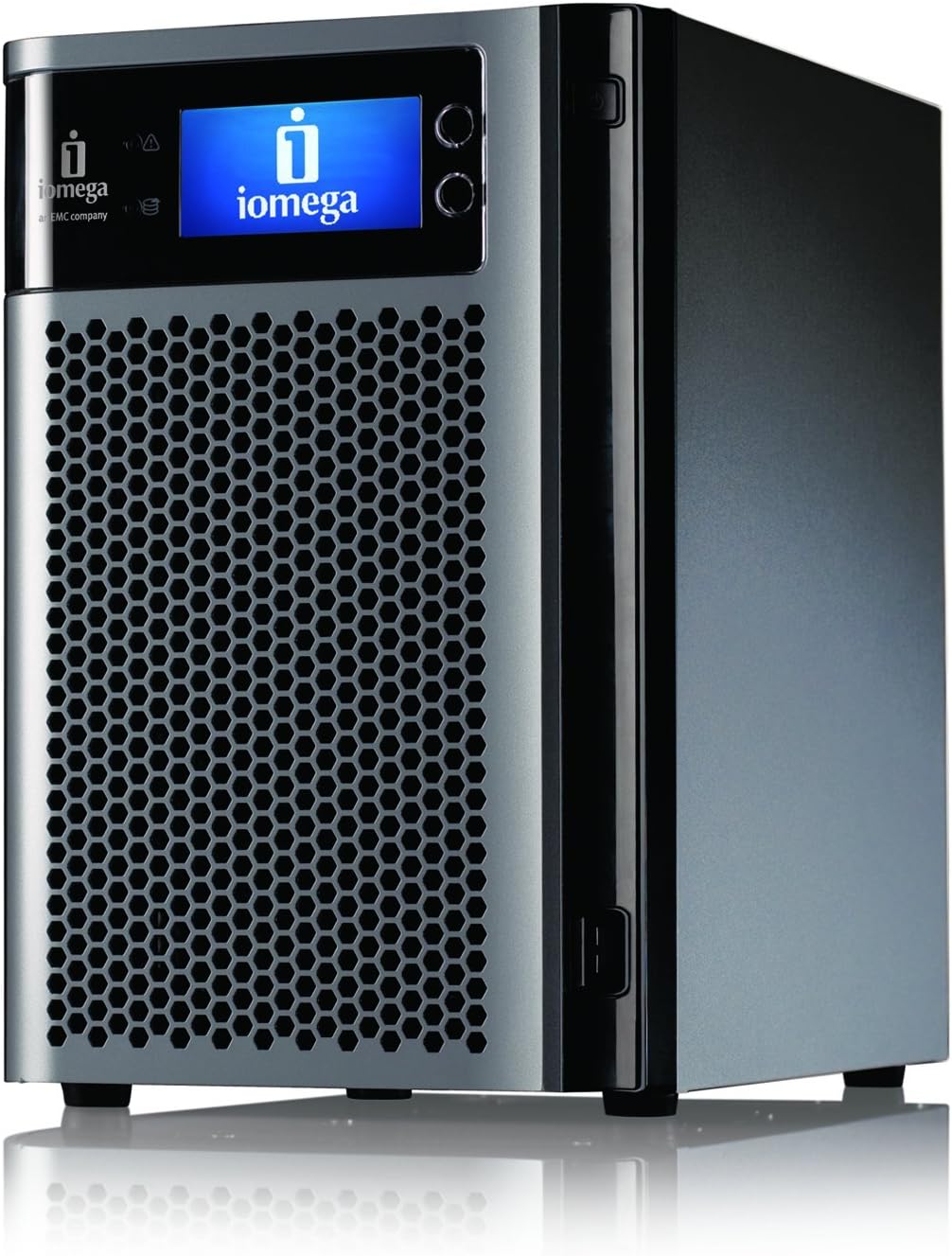 Depan view of the Iomega StorCenter PX6-300d network storage device, showing the display and front grille.