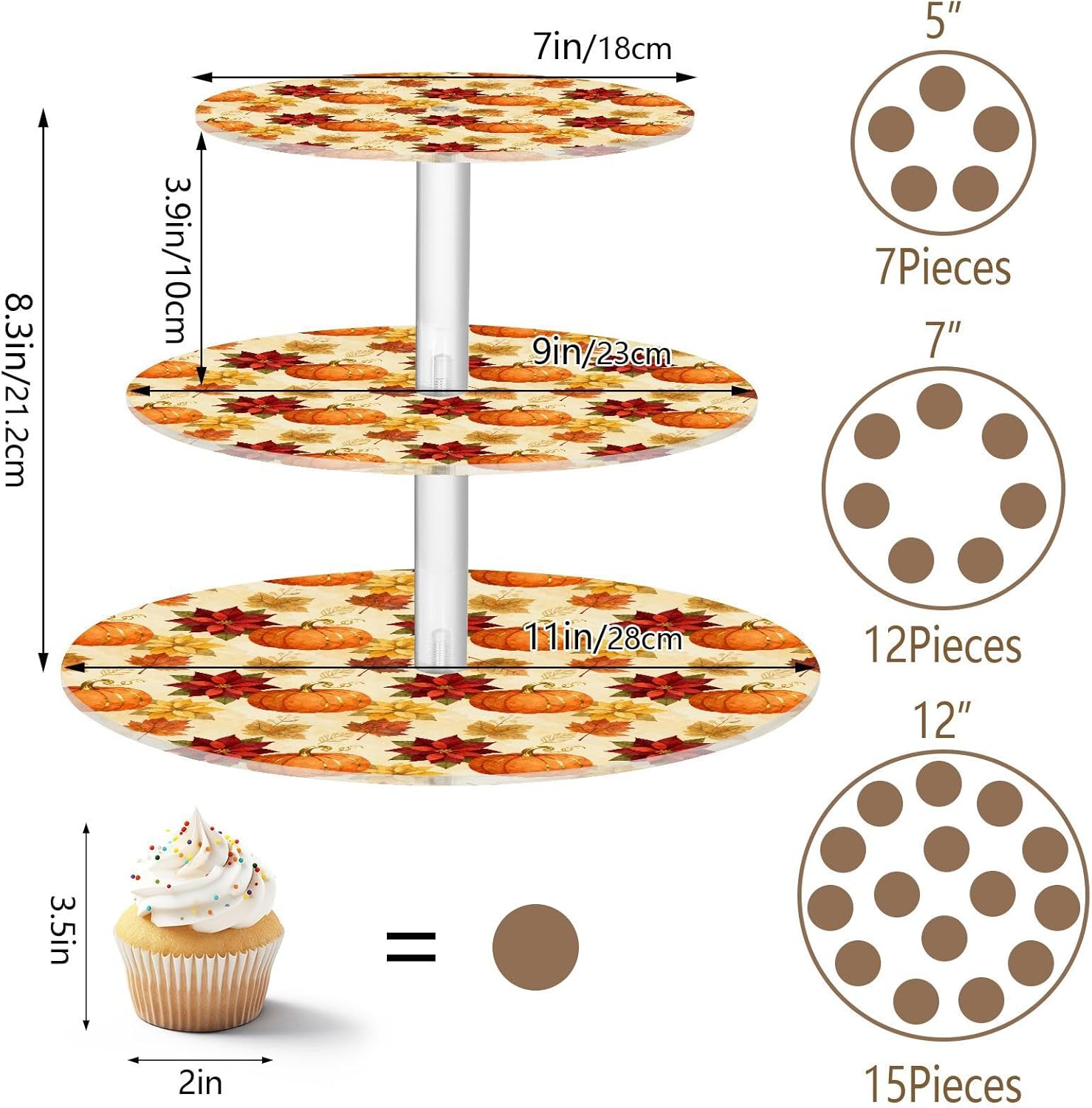 Autumn Fall Pumpkin Maple Leaves Thanksgiving 3 Tier Acrylic Cupcake Stand, Cupcake Stand for 34 Cupcakes for Weddings,Christmas,Holidays,Parties,Birthday,Printed Cupcake Tower 23302046