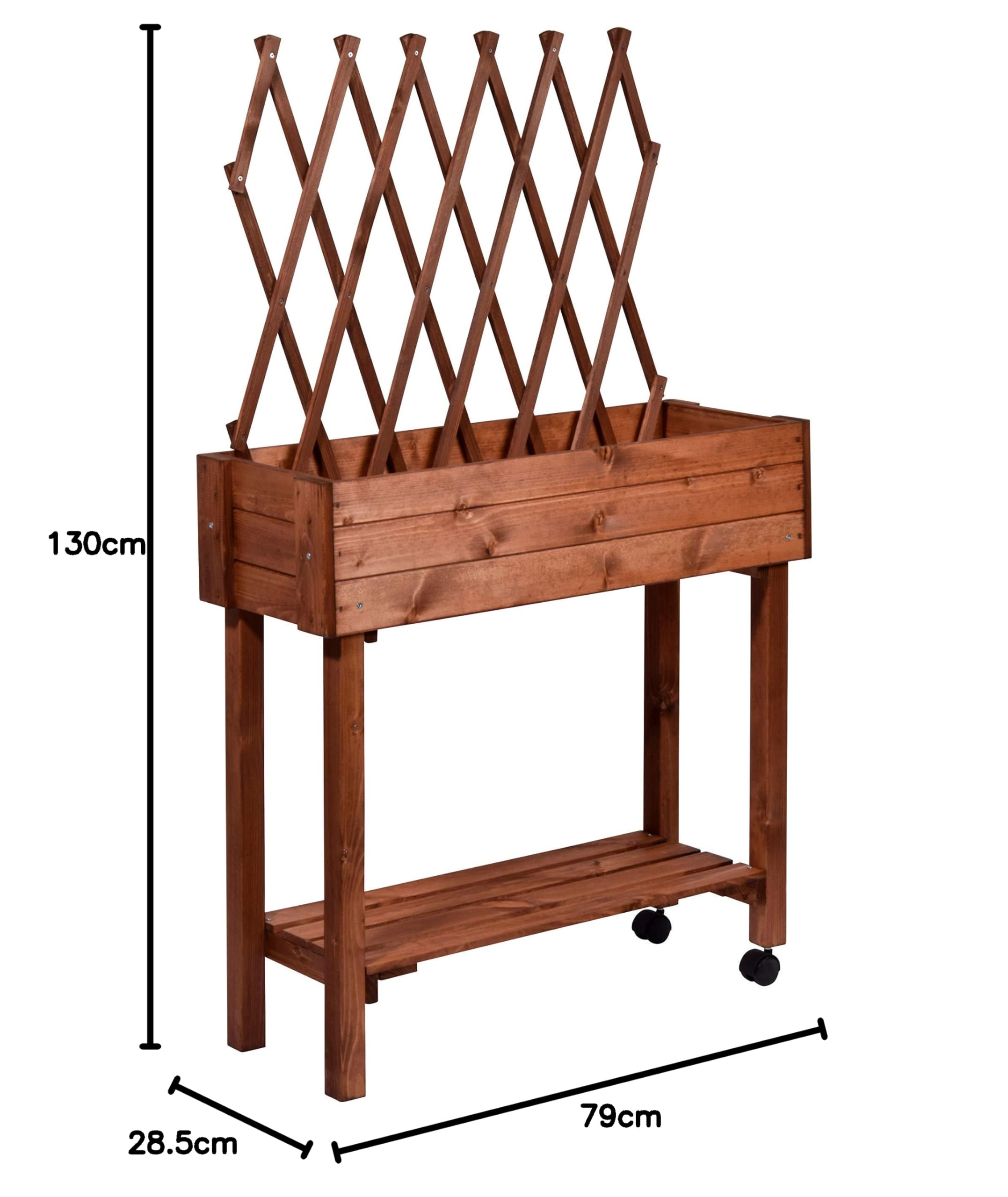 dobar 58187e - Aiuola rialzata Arrotolabile con Traliccio | Fioriera su Ruote | aiuola in Legno Massiccio | aiuola Sottile per Giardino/terrazze/Balcone | 79 x 28,5 x 130 cm | Marrone
