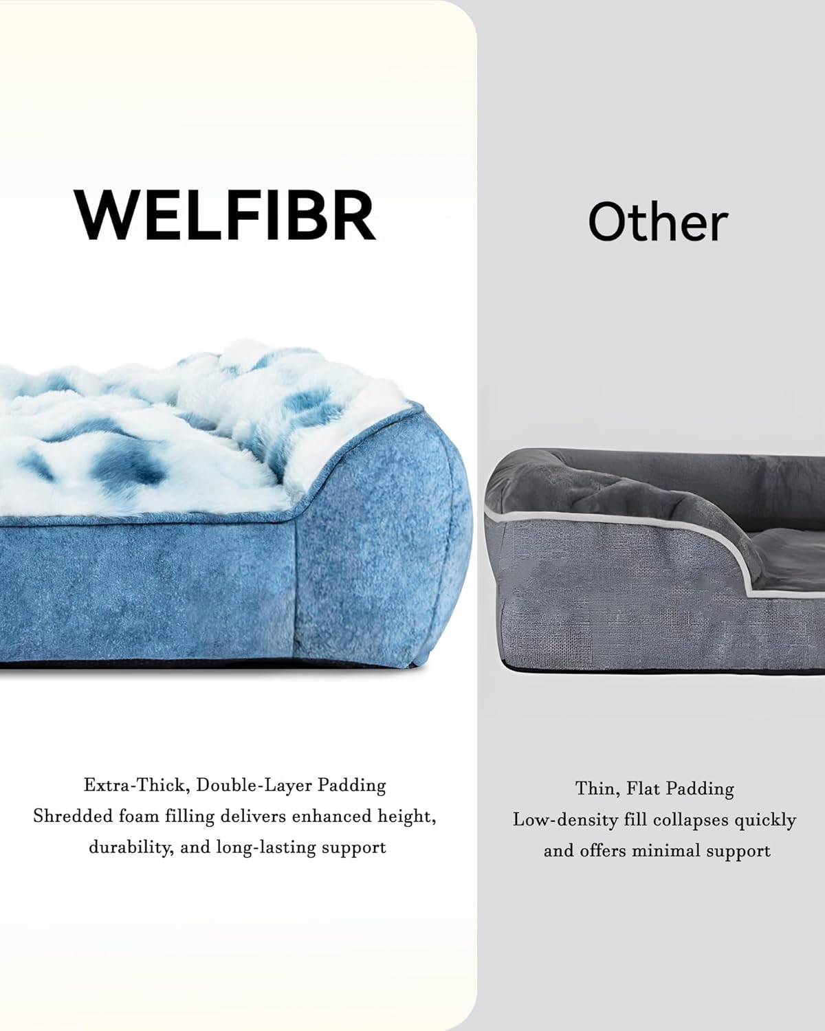 Dog Bed with Shredded Foam Filling, 35" *25" Calming Pet Sofa with Removable Washable Cover, Soft Faux Fur Bolster Couch for Dogs, Anti-Slip Bottom (Tie-Dyed Blue, Small)