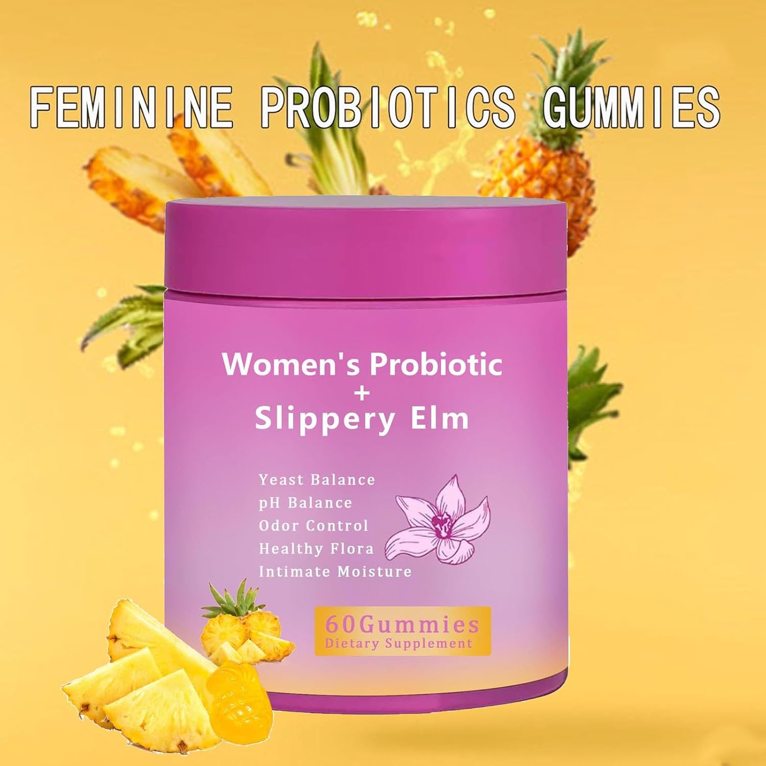Feminine Probiotics Gummies for Women, Women's Probiotic+Slippery Elm, Supports pH Balance, Gut Health with Slippery Elm, Pineapple Flavor 60 Gummies - Image 4