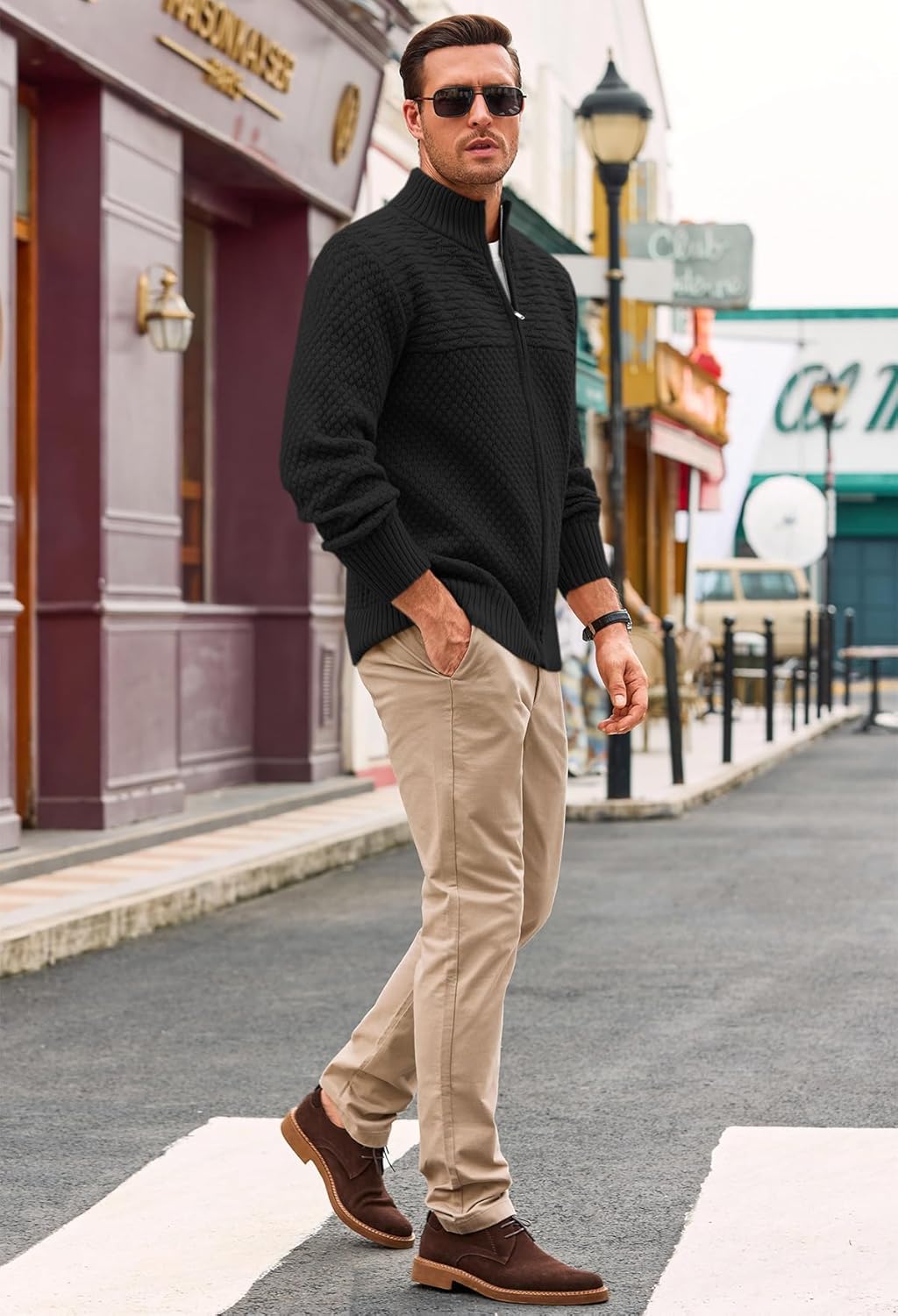 Runcati Mens Zip Up Cardigan Sweater Casual Stand Collar Textured Knit Ribbed Chunky Sweaters - Image 4