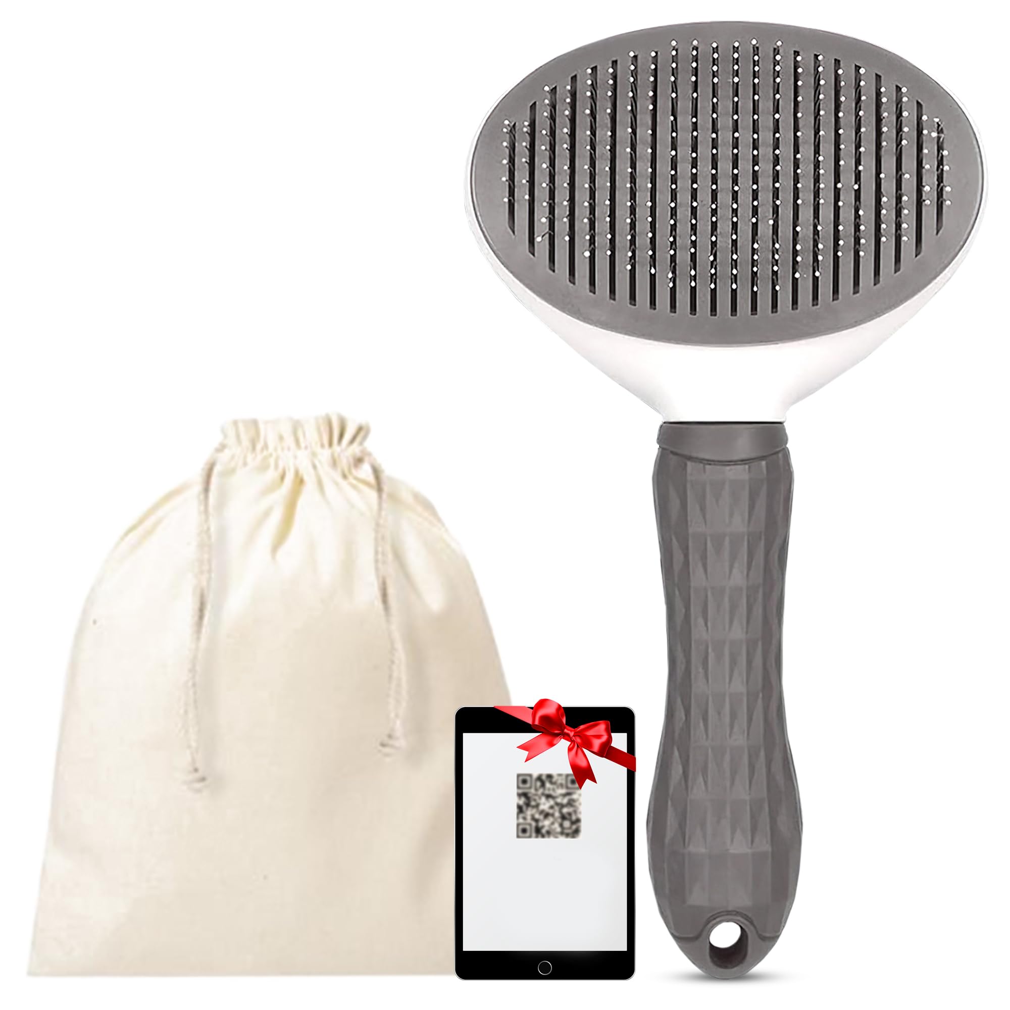 SALVAYRO Cepillo Quitapelos para Gatos y Perros + Bolsa de Algodón Reutilizable + Código QR: Modo de Empleo, Beneficios y mas información - Peine de Mascotas de pelo corto y largo - Cat, Dog Brush.