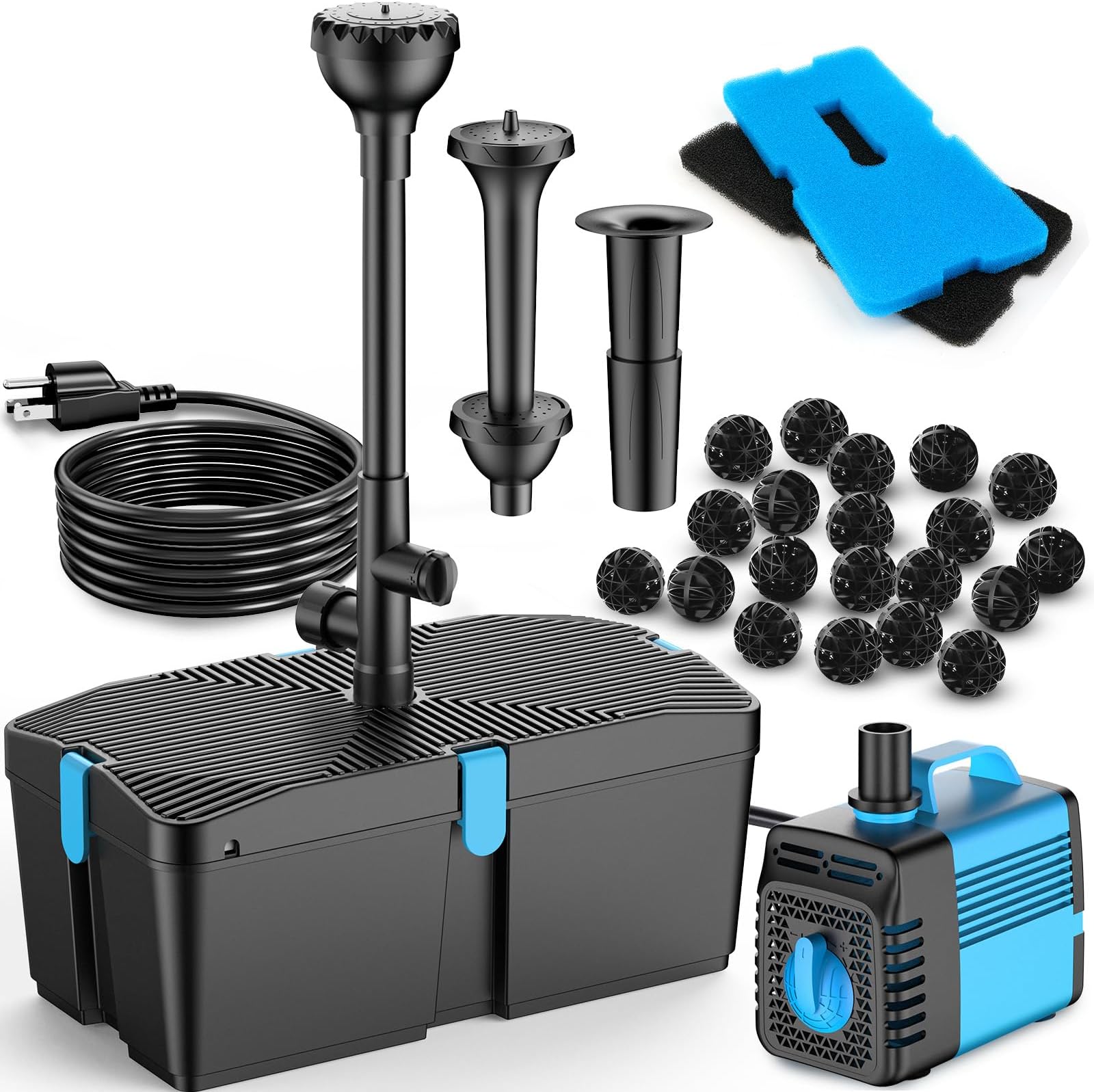 Pond Filters for Outdoor Ponds, 820 GPH Pond Filter with Fountain Pump Kits, 60W Pond Pump and Filter Kit for Koi Pond Clean, Garden Fountains, Waterfall