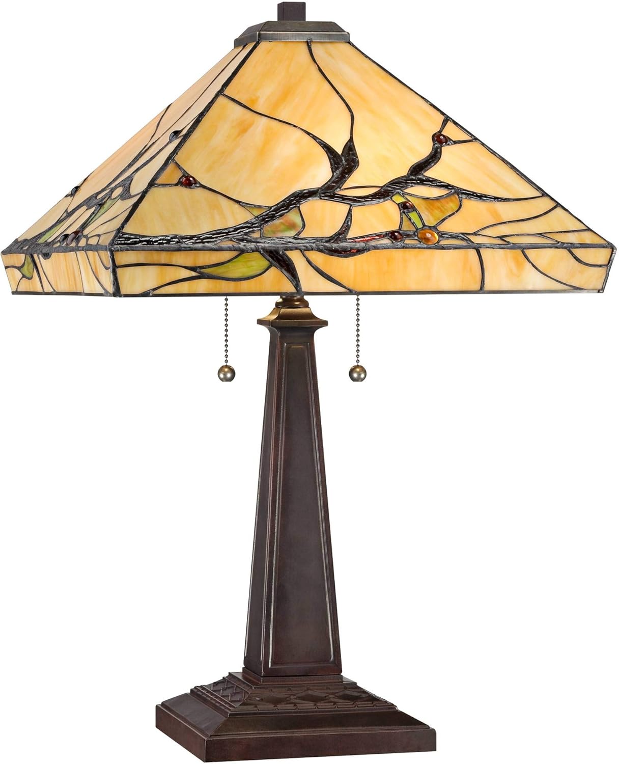 Robert Louis Tiffany Budding Branch Mission Tiffany Style 3-Way Table Lamp with Table Top Dimmer 24" High Warm Bronze Metal Art Glass Square Shade for Cottage Core Living Room Bedroom House Bedside
