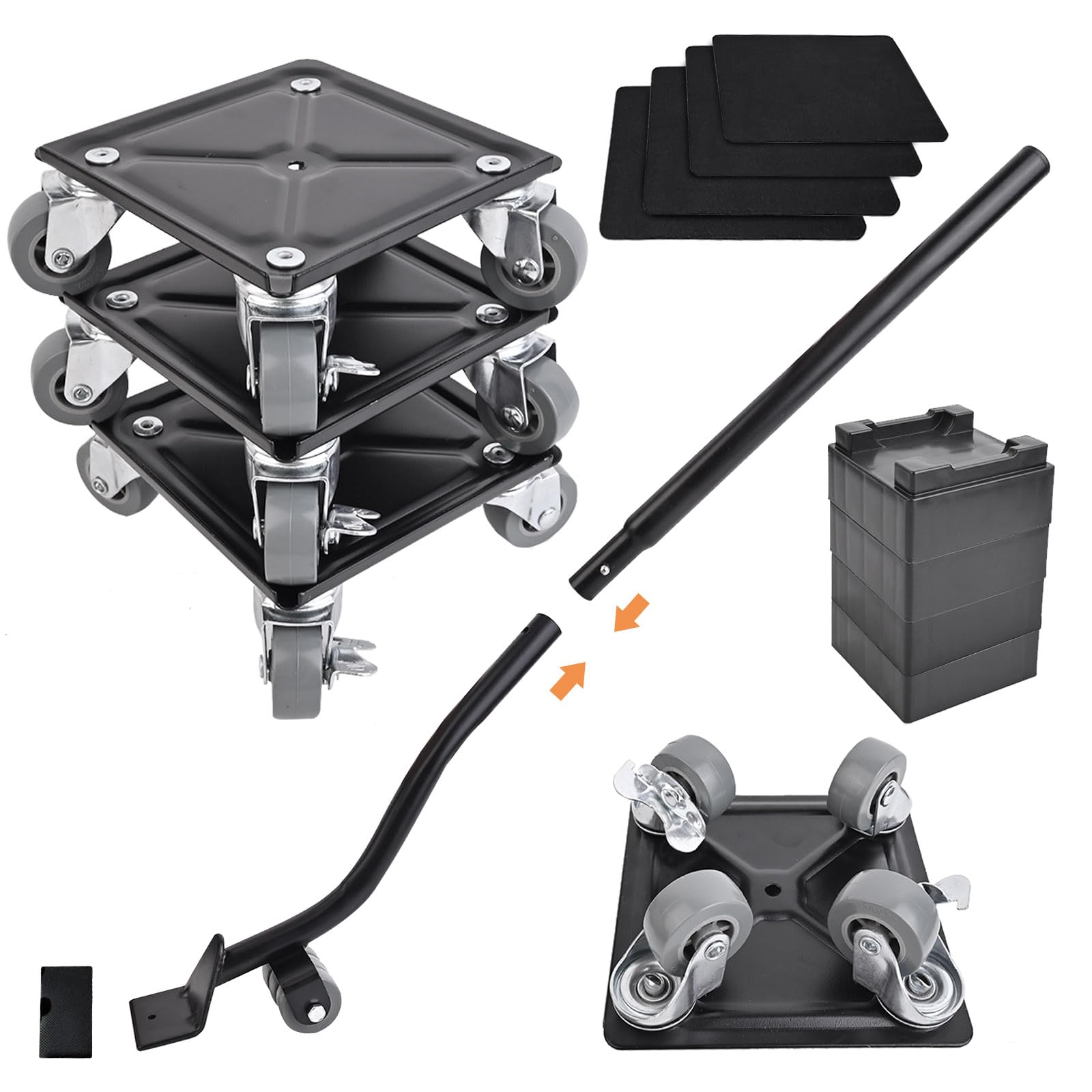 Sollevatore Mobili, Ruote con Freno, Set 4 Spostare Mobili Pesanti, Barra di Sollevamento, Cuscinetti Antiscivolo e Regolatori di Altezza, Spostamento Facile dei Mobili Nero