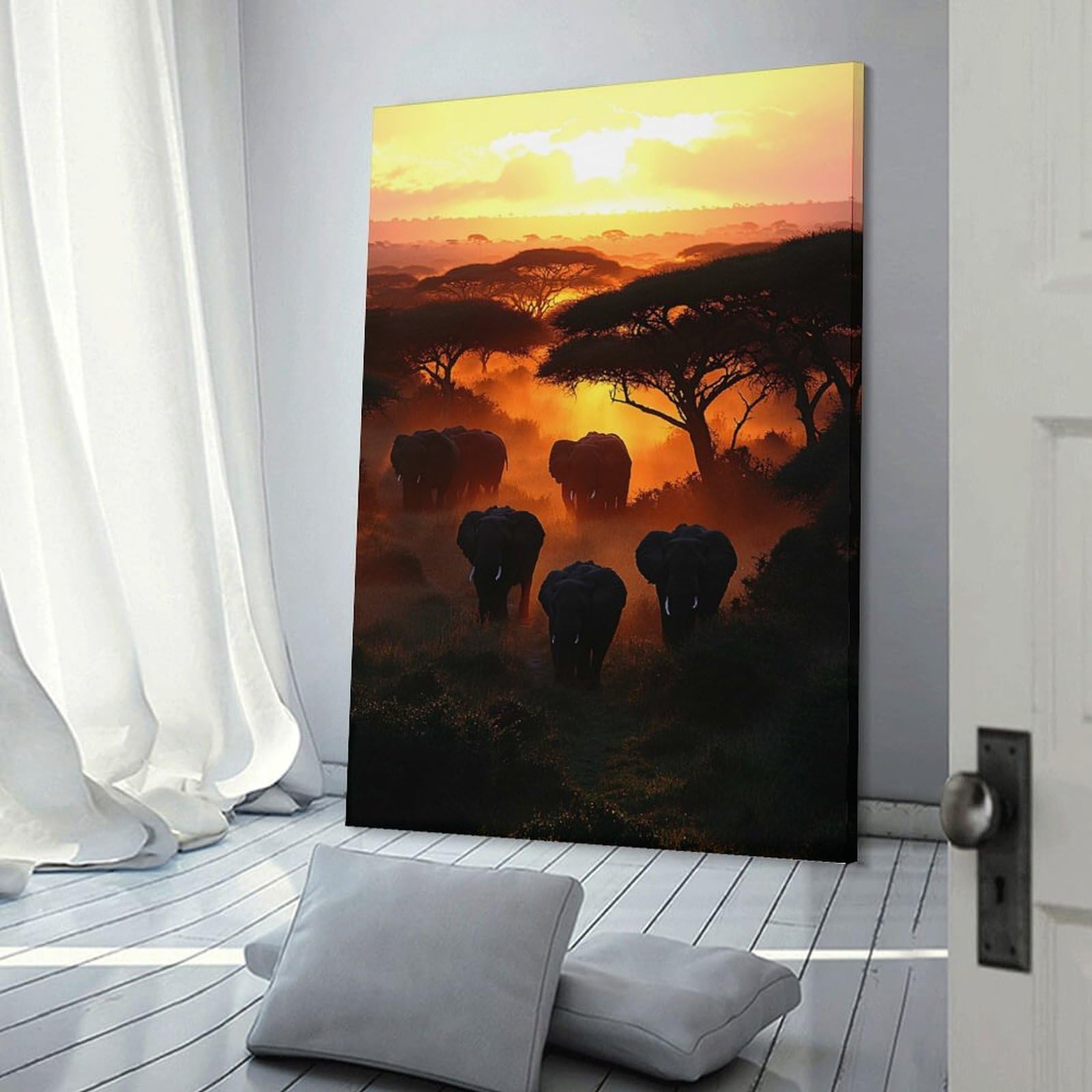 Junmoney Elephants at Sunset in African Savannah Decorative Canvas Print, 08x12inch(20x30cm), for Hallway, Bedroom Or Modern Interiors, Gift Idea for Housewarming And Birthdays