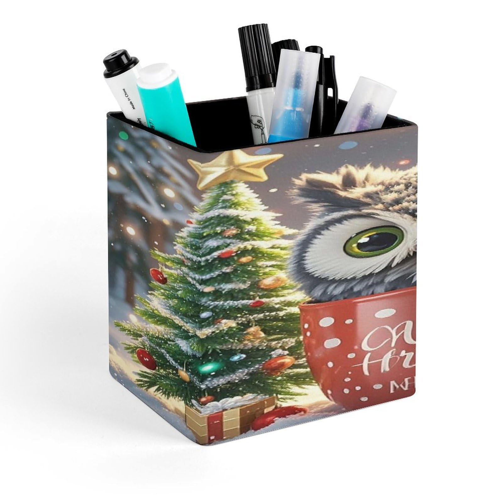 FekiLoot Owl Cup Pen Holder for Desk Minimalist Leather Pencil Holder Fashion Modern Pencil Cup Decorative Square Pen Cup Locker Organizer for Office Work Locker Accessories