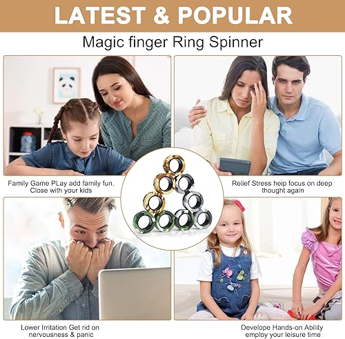Miniatura 4 de Paquete de 9 anillos magnéticos para ansiedad, dedos magnéticos para aliviar el estrés, entrenamiento mágico de camuflaje colorido alivia la