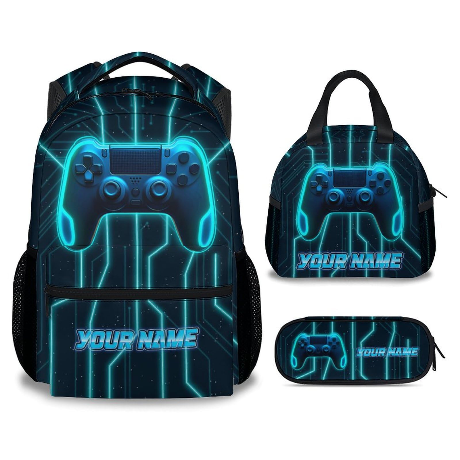 Mercuryelf Boys Backpack with Lunch Box - 17 Inch Gamer Kid Backpack with Lunch Bag and Pencil for School, Travel - Personalized Cool Gaming Bookbag
