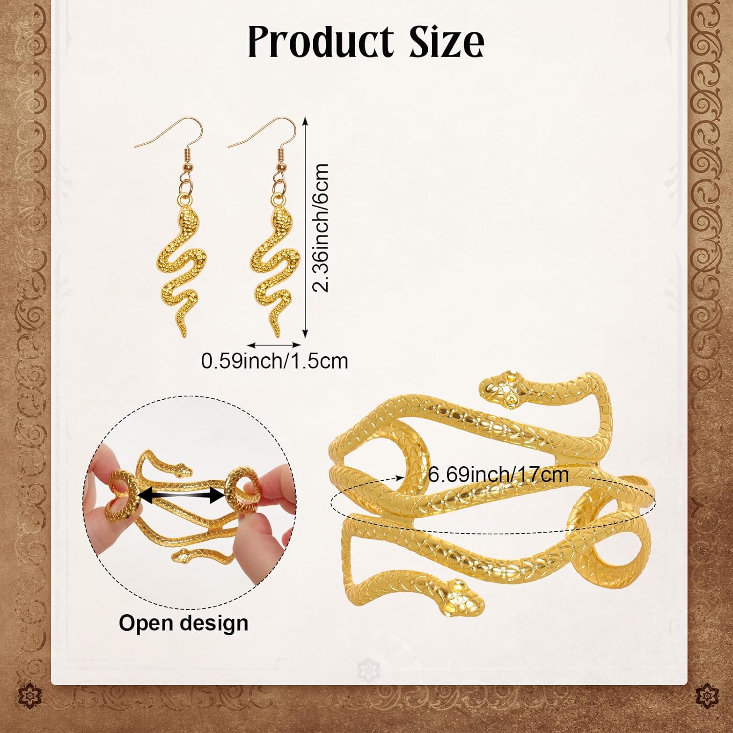 Heliltd 5pcs Egyptian Costume Jewelry Accessories Set for Women Adjustable Head Chain Snake Earrings Beaded Necklace Arm Cuff and Hand Chain Bracelet for Adult Halloween Cosplay Festival - Image 2