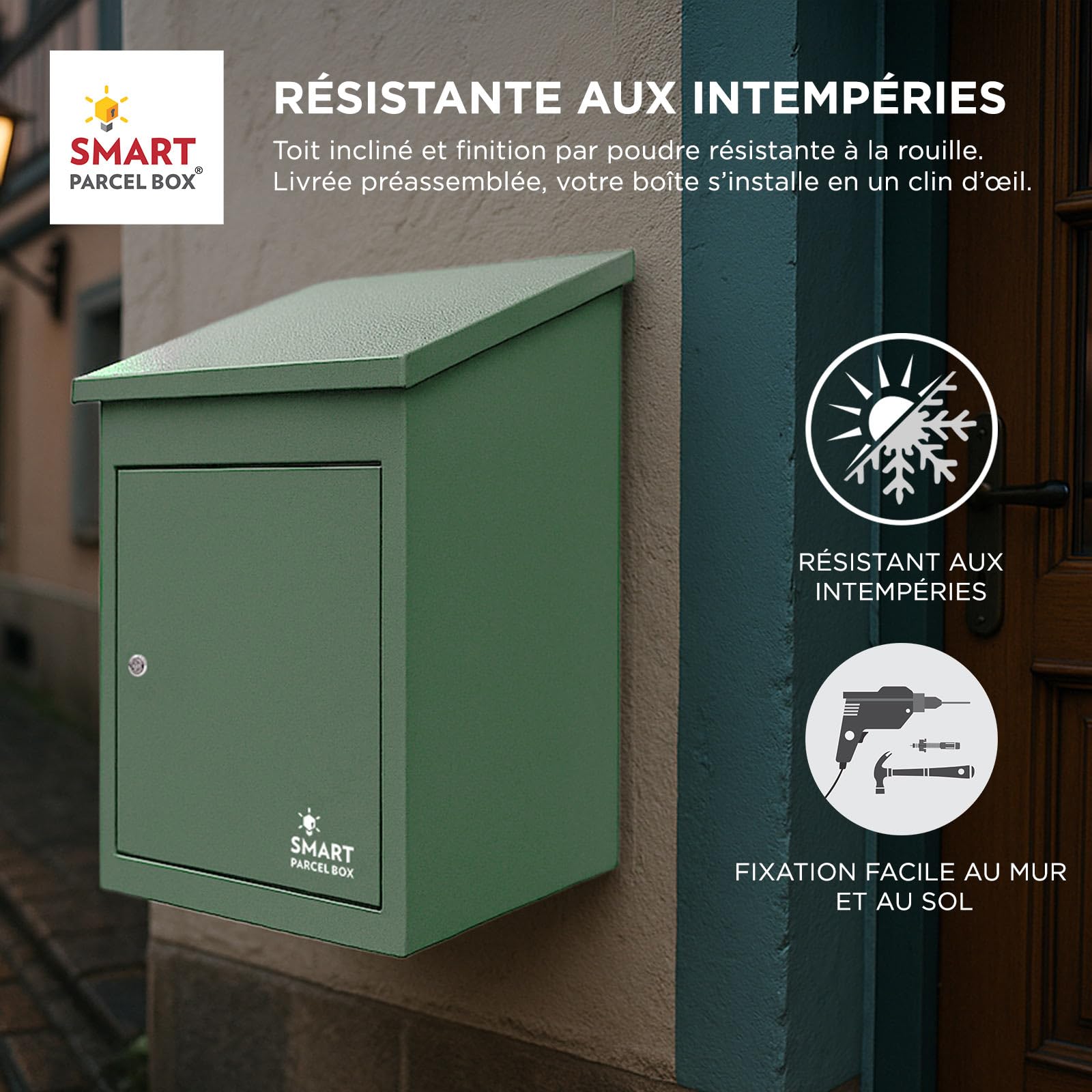 SMART PARCEL BOX Boite aux Lettres Colis, Fixation Murale, Individuelle, Acier galvanisé, 3 clés, Vert, 44 x 35 x 58 cm