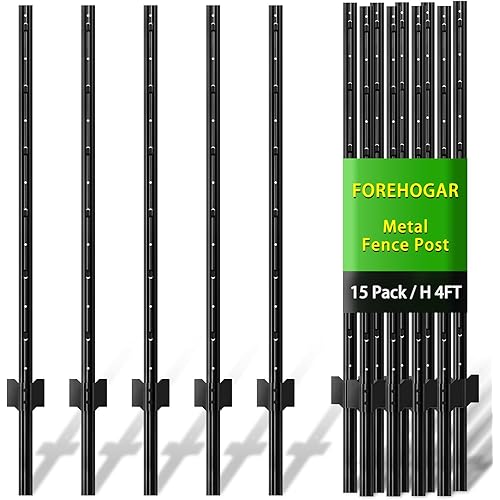 Metal Fence Post 4 Feet Black, Pack of 15, T Post for Wire Fence, No Dig Steel U Post Fencing for Lawn Garden Wire Mesh Fence Poles Sign Outdoor Light Duty