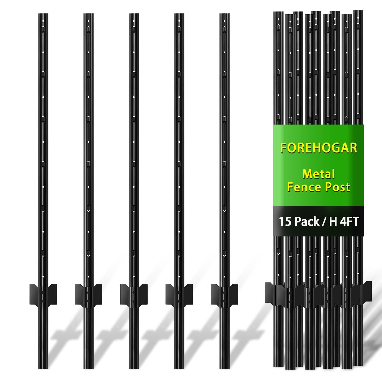 FOREHOGAR Fence Posts 4 Feet, 15 Pack Black Color, Metal T Post for Wire Fence, Steel U Post Fencing for Lawn Garden Yard Wire Mesh Fence Poles Outdoor Light Duty