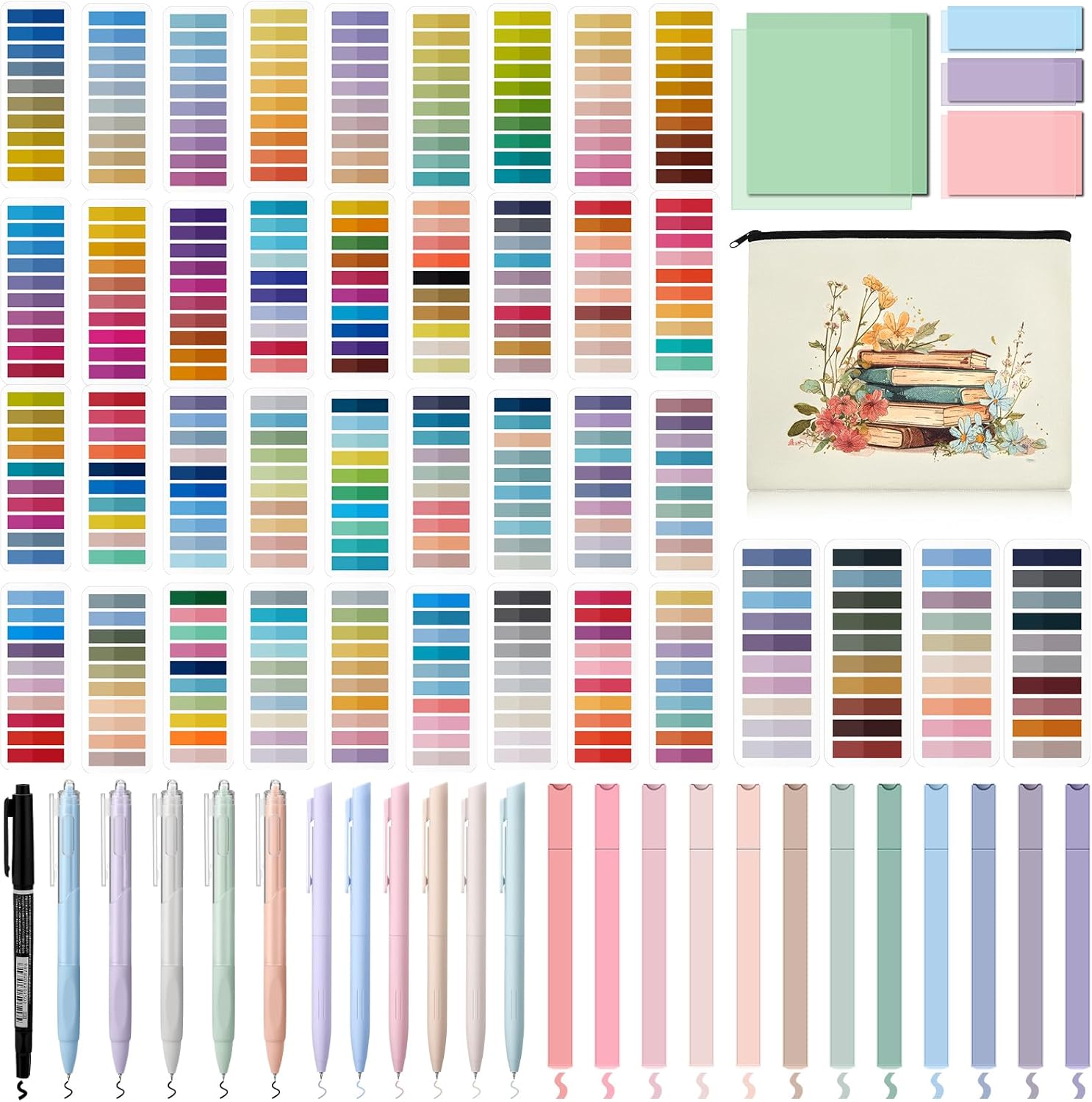 Gilprop Book Annotation Kit 8000 Pcs Transparent Sticky Tabs 12 Aesthetic Highlighters 6 Colored Pens 5 Black Gel Pens 1 Line Pen 4 Sticky Notes with Canvas Bag for Bible Gift Supplies(Gradient)