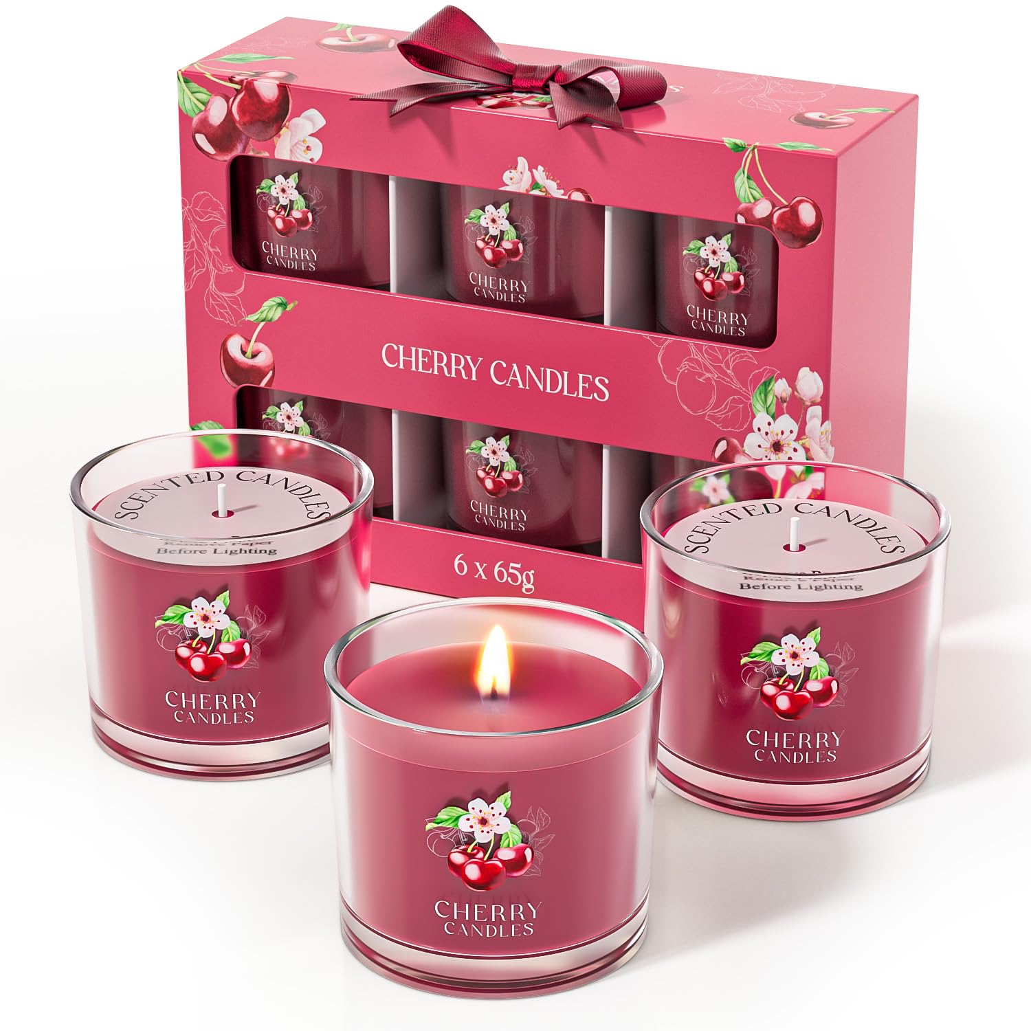 CHILLFLAME Cherry Candle, Scented Candles Gifts for Women, Candles Gift Set for Her, 6 Scented Votive Candles, Birthday Gifts for Women/Men (Red, 14 oz)