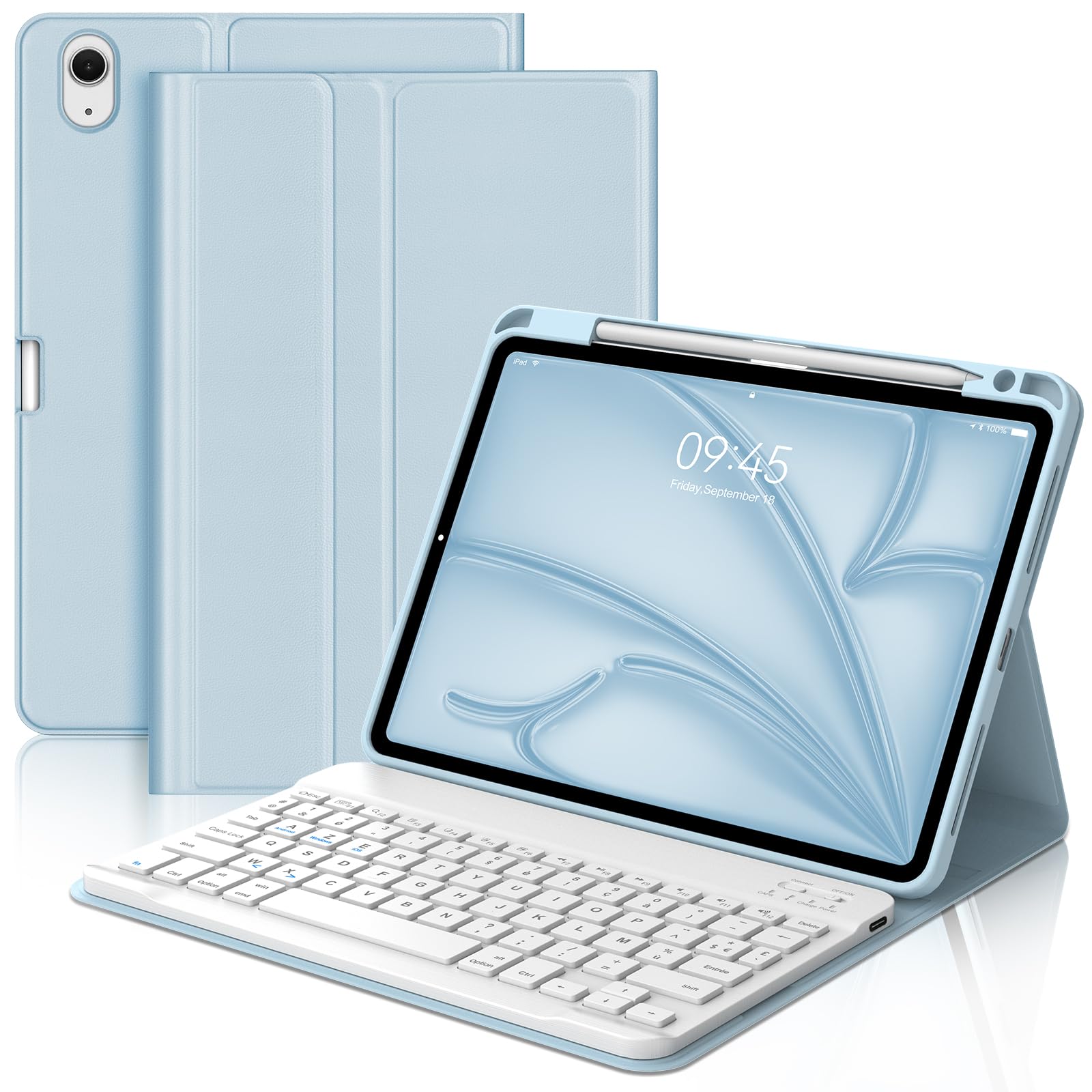 Funda teclado para iPad Air de 11 pulgadas (M3 2025, M2 2024), AZERTY francés funda teclado Bluetooth magnética desmontable con soporte para tablet iPad Air de 10,9" (5e/4ª generación), azul cielo