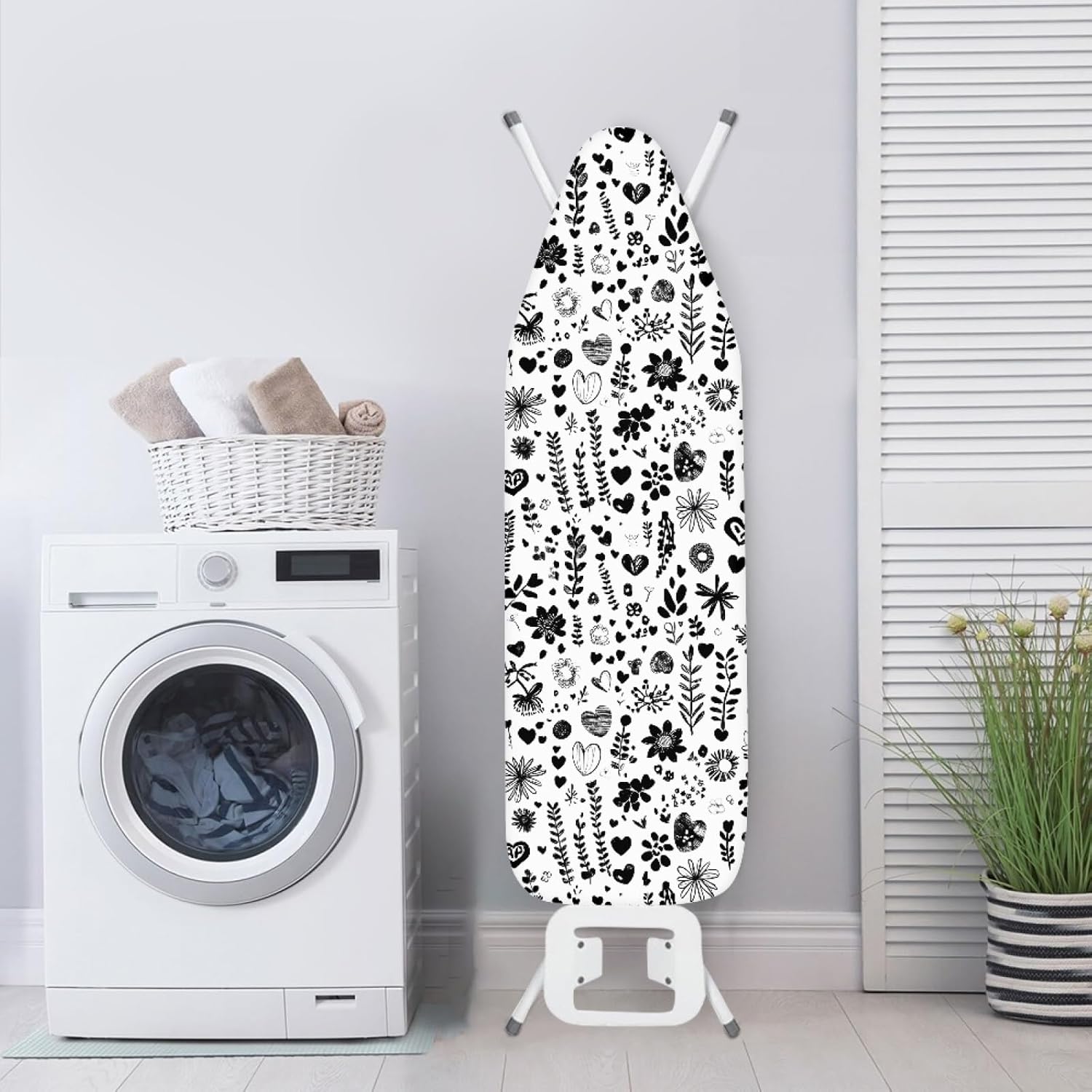 Padded Ironing Board Covers 18 X 49 Black Flower Oval Ironing Board Pad and Cover Thick Replacement Drawstring Tightening & Lock, Easy Fit, Scorch & Stain Resistant, Non Slip