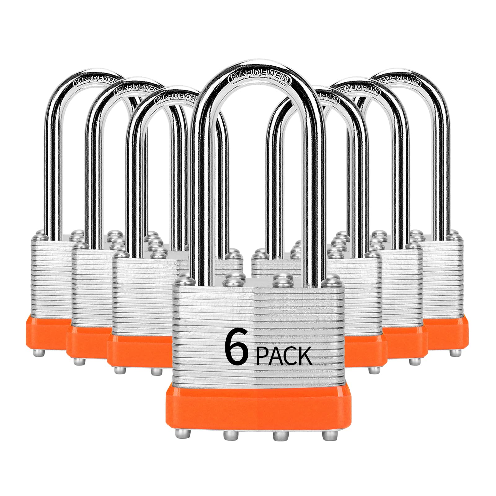 HZSY Padlocks Keyed Alike, Pack of 6, Laminated Steel Keyed Lock (1-9/16", 40mm), Padlocks with Same Key, Long Shackle, for Toolbox, Locker & StorageUnit or More