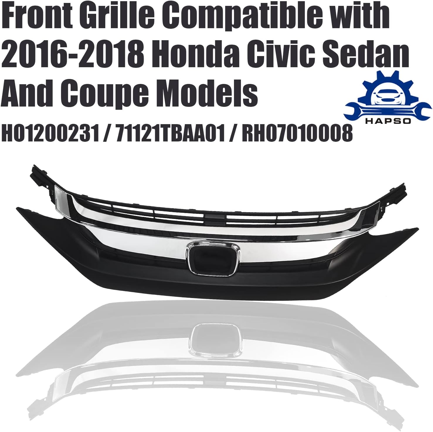 Front Bumper Upper Grille Compatible with 2016-2018 Honda Civic Chrome Front Hood Grill Guards Assembly 71121TBAA01, HO1200231